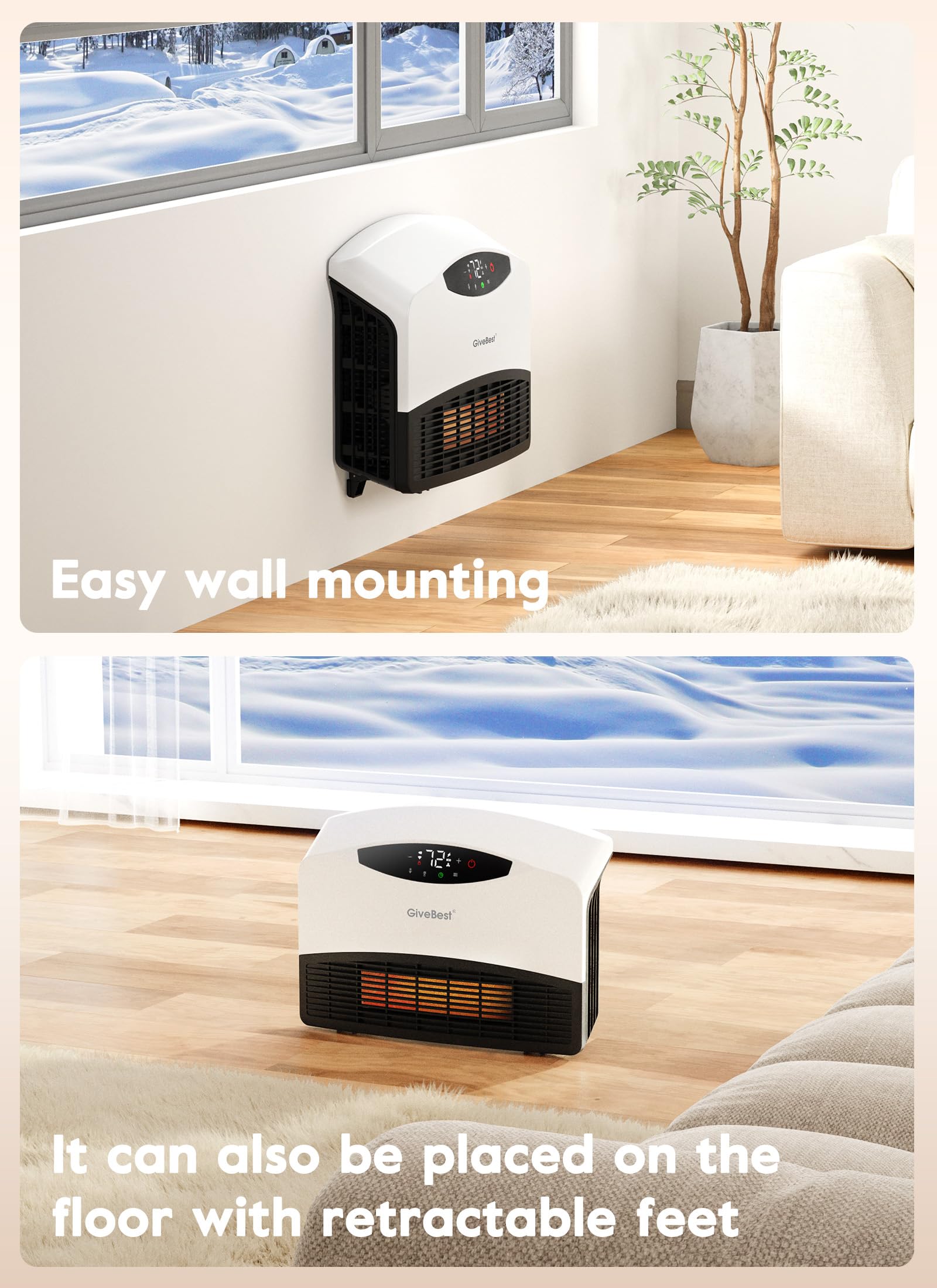 GiveBest 1500W WiFi Electric Wall Heater with Remote Control - Floor or Wall Mounted Space Heater with Thermostat, 3 Heating Modes for Large Rooms - Perfect for Bedroom, Living Room, Office & Indoor Use