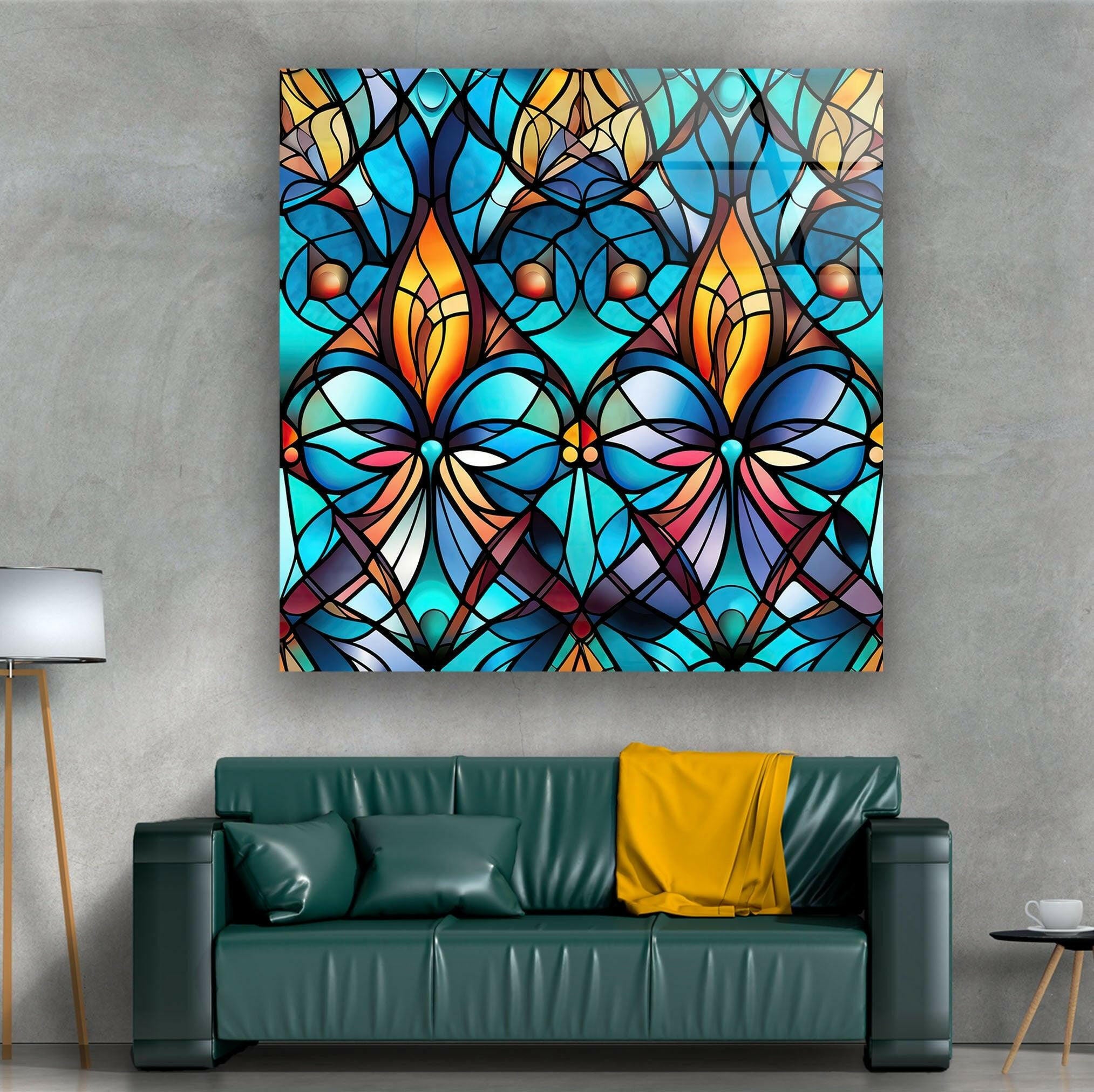 Handmade Blue Stained Glass Wall Art - Elegant Tiffany Style Window Panel Decor for Living Room, Bedroom & Church - Perfect for Home, Office & Wedding Decorations