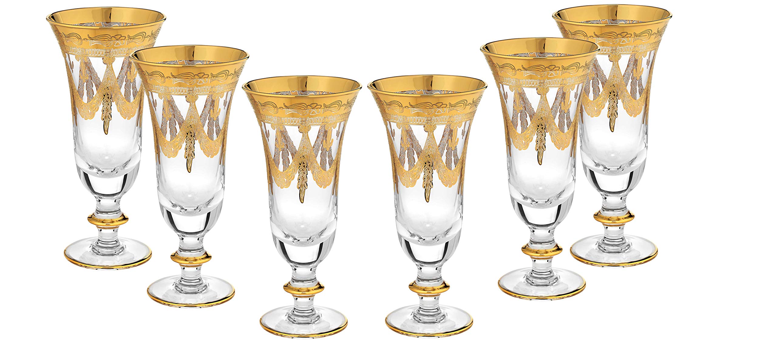 Luxury Italy Crystal Champagne Flutes Set of 6 - Vintage Design with 24kt Gold Hand-Decorated Elegant Glassware for Weddings, Anniversaries & Special Celebrations