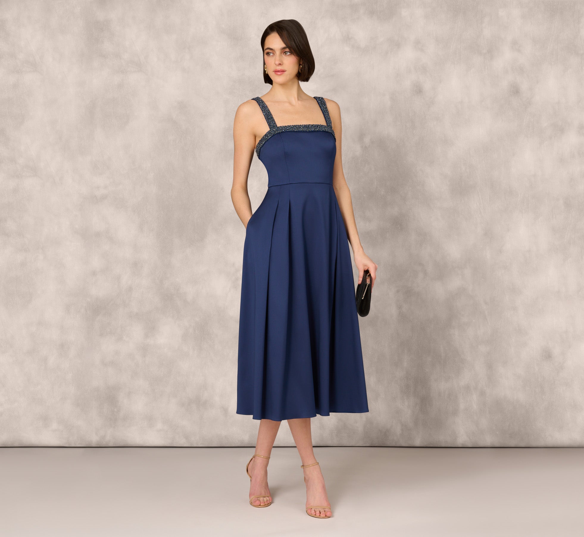 Elegant Navy Stretch Mikado Midi Dress with Beaded Neckline & Straps | Perfect for Cocktail Parties, Weddings & Evening Events