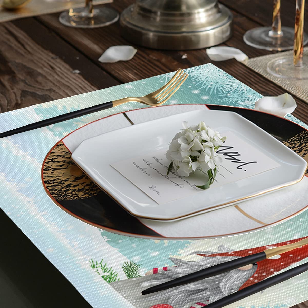 Bolaz Lovely Christmas Gnome Standing Snowfall Winter Placemats Set of 4 - Washable Snowflake Table Mats for Kitchen Dining Home Decor (12x18 inches) - Perfect for Holiday Parties, Winter Dinner Settings & Festive Home Decorations