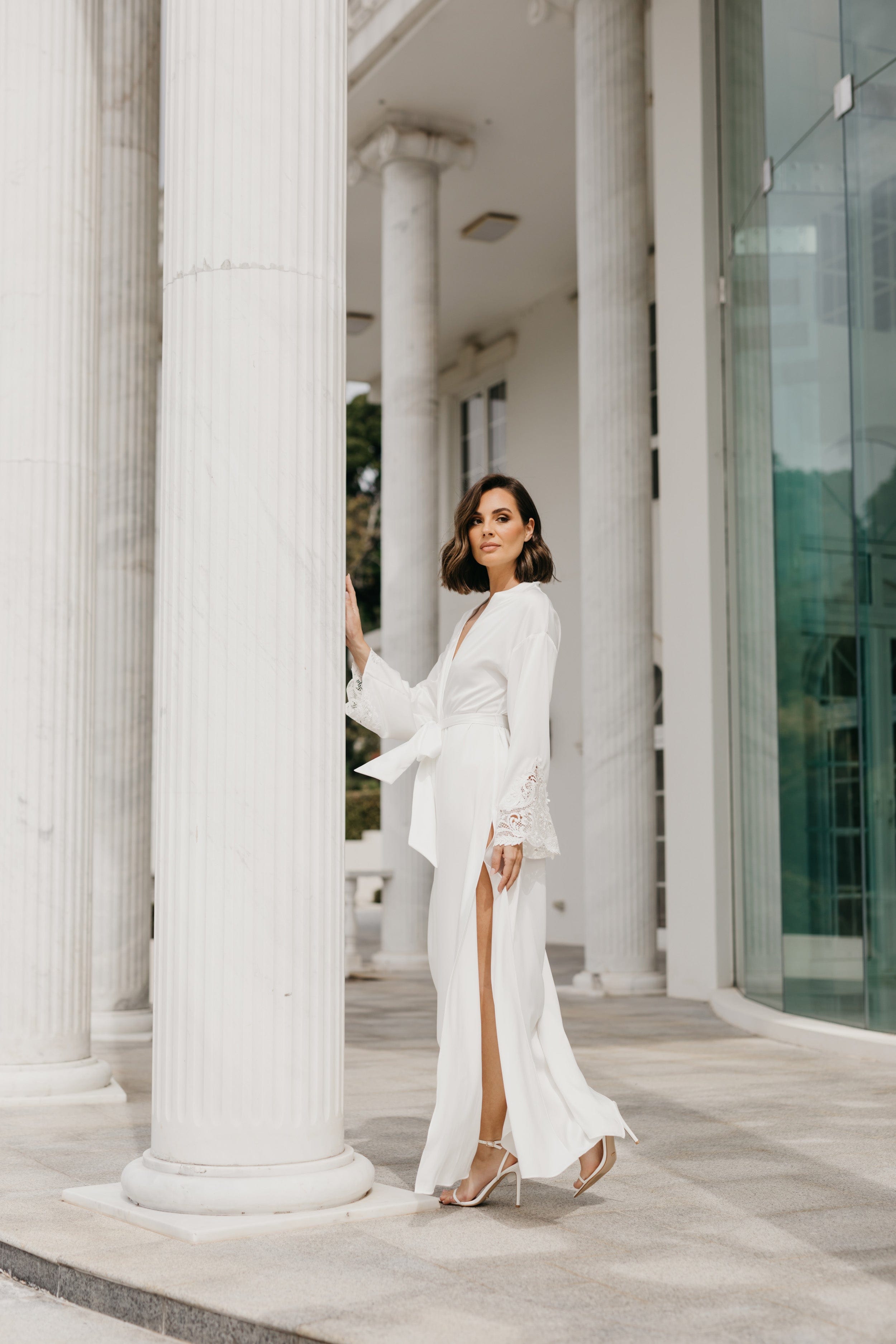 Elegant Satin Lace Trim Maxi Bridal Robe for Wedding Morning - Perfect for Bridal Shower, Getting Ready & Honeymoon (White)
