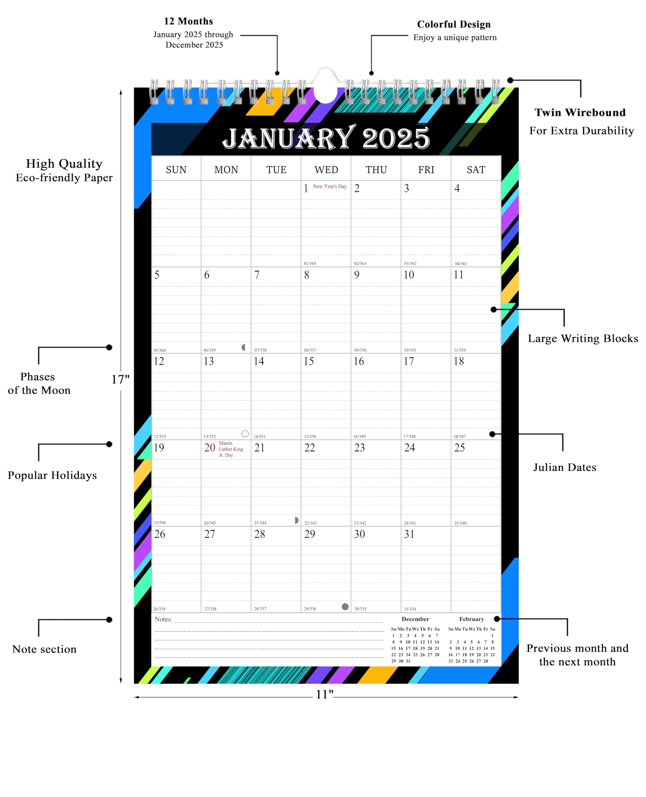 2025 Spiral-Bound Wall Calendar - 12 Month Large Planner 11