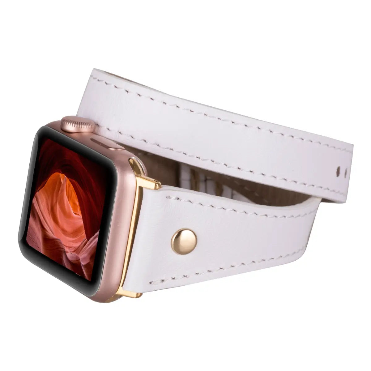 Slim White Leather Double Tour Apple Watch Band with Gold Rivet - Elegant & Durable Strap for Work, Fitness & Everyday Wear