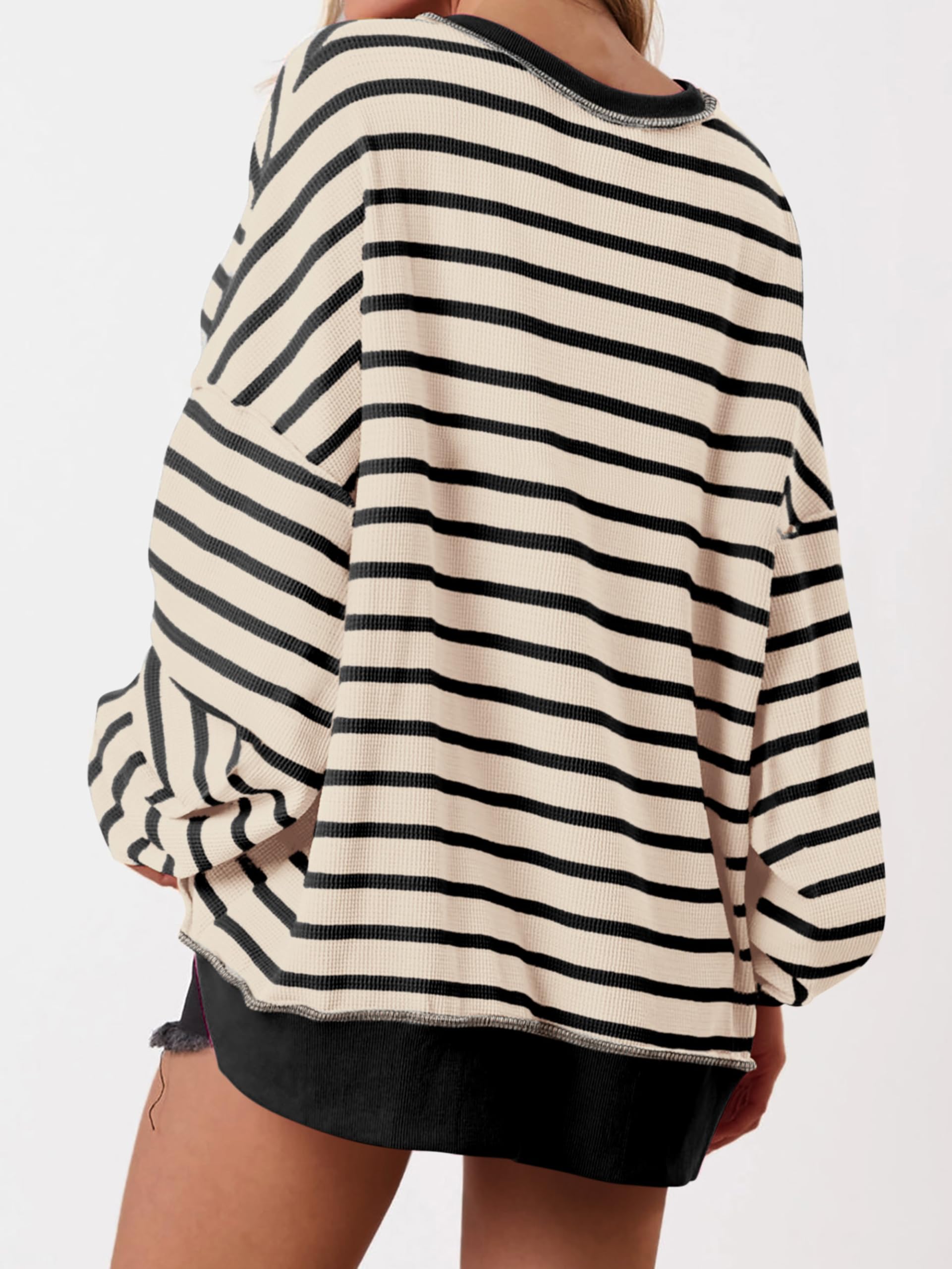 PRETTYGARDEN Women's Oversized Striped Sweatshirt - Long Sleeve Button Up Henley Neck Waffle Knit Pullover Tunic Top for Fall 2025 | Casual Outfit, Layering Piece & Cozy Loungewear