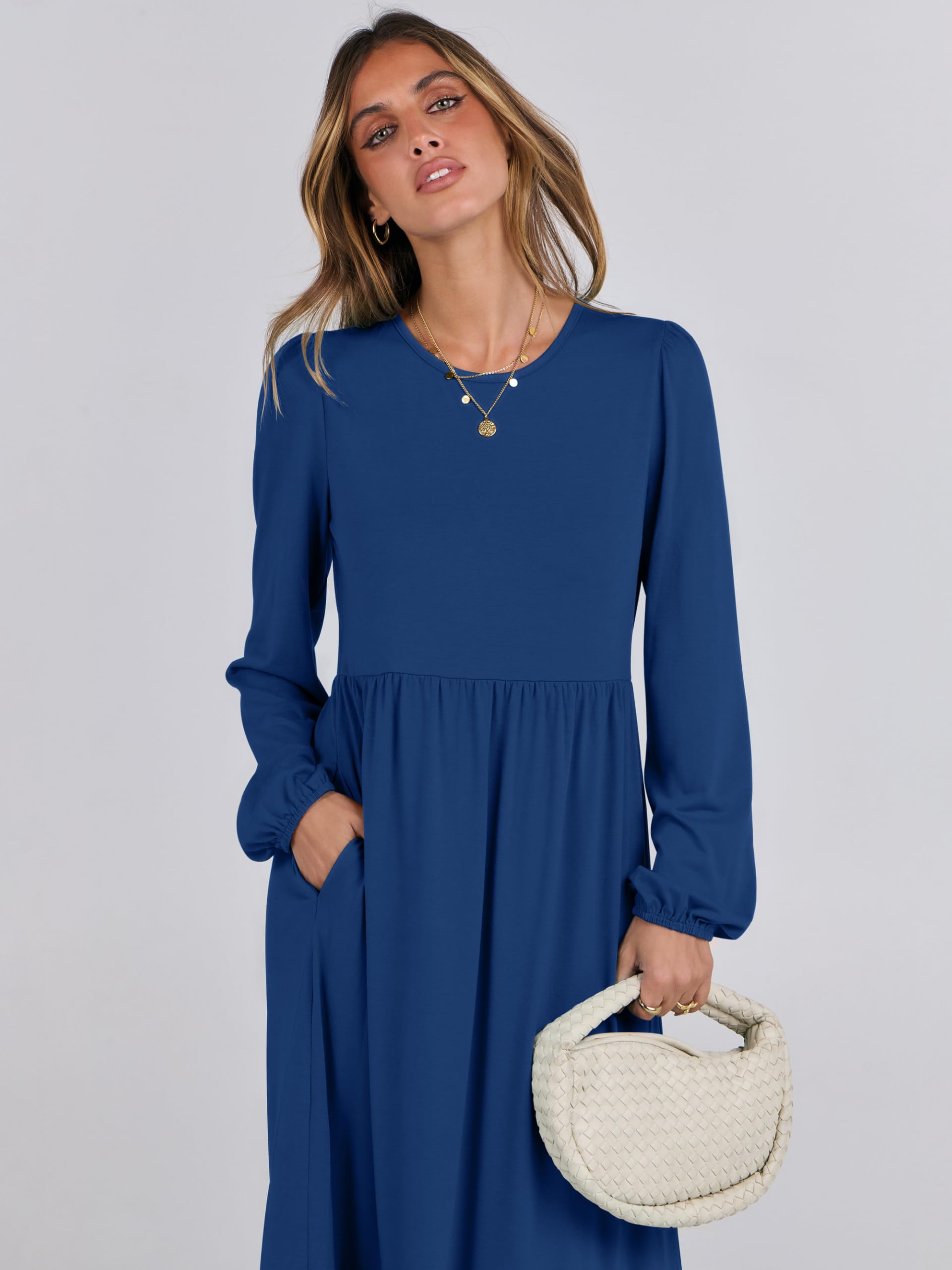 ANRABESS Women's Casual Long Sleeve Midi Dress - Crewneck A-Line Tiered Flowy Loose Dress with Pockets | Trendy Spring 2025 Fashion | Perfect for Brunch, Office Wear & Date Night Outfits