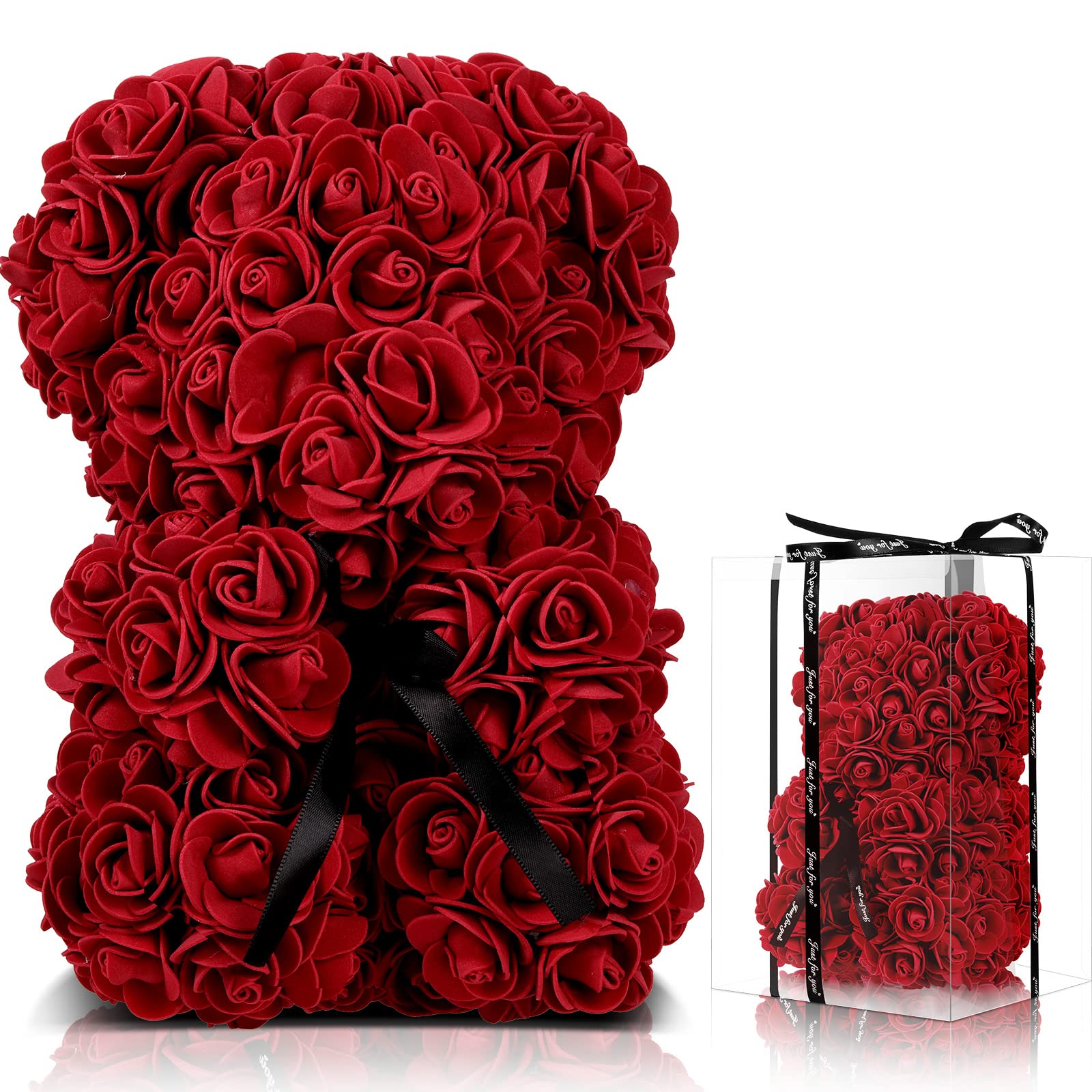 10 Inch Burgundy Rose Flower Teddy Bear - Handmade Faux Forever Rose Bear Gift for Valentine's Day, Anniversary, Bridal Shower, Wedding, Mother's Day - Comes in Clear Gift Box - Perfect for Romantic Surprises, Wedding Decor, and Special Occasion Presents