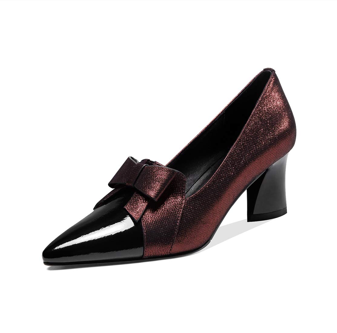 TinaCus Women's Handmade Leather Glossy Pointed Toe Mid Heel Slip On Loafers - Elegant Bowtie Dress Shoes for Office, Party & Formal Events
