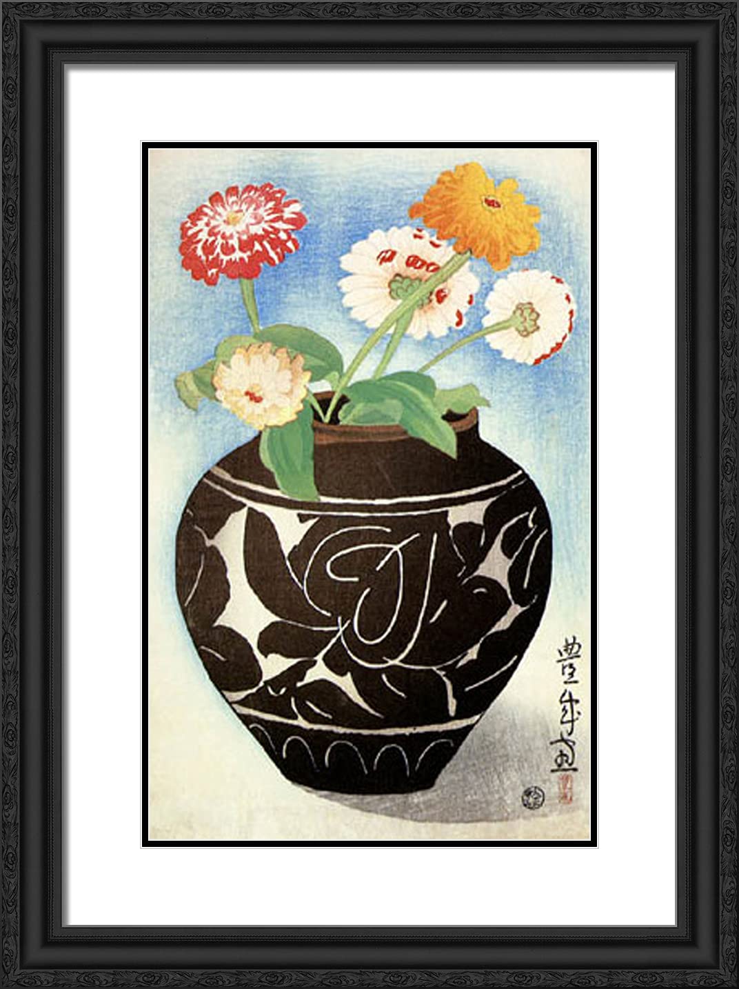 Yamamura Toyonari 18x24 Black Ornate Framed Art Print - Jar of Dahlias Floral Painting with Double Matting - Perfect for Living Room, Bedroom & Office Wall Decor