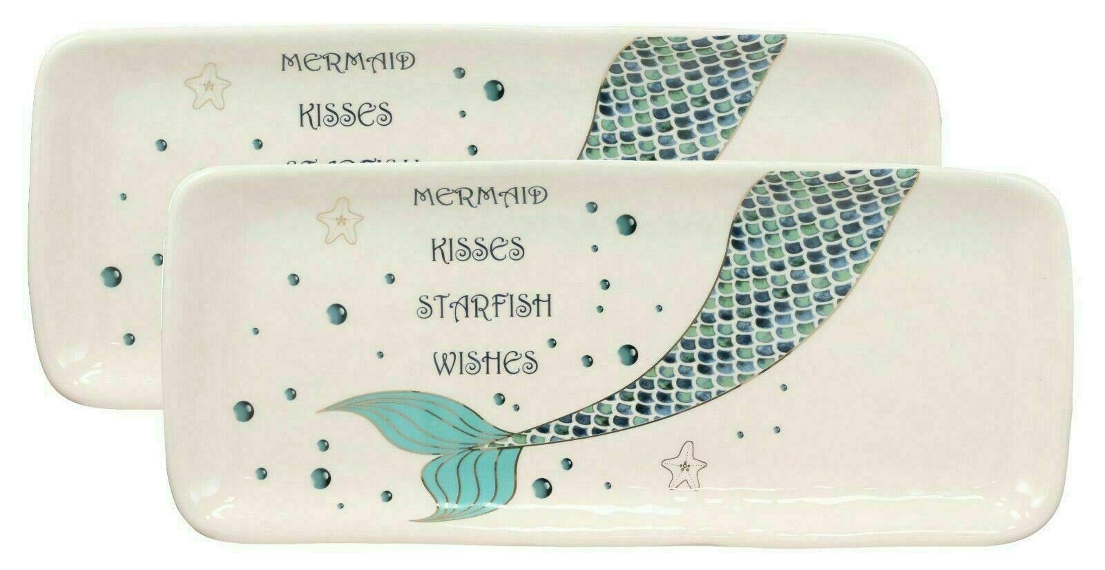 Mermaid Tail Kisses Starfish Wishes Ceramic Serving Platter Tray Set of 2 - Elegant Beach Themed Appetizer Plates for Coastal Home Decor, Perfect for Seafood Parties & Summer Entertaining