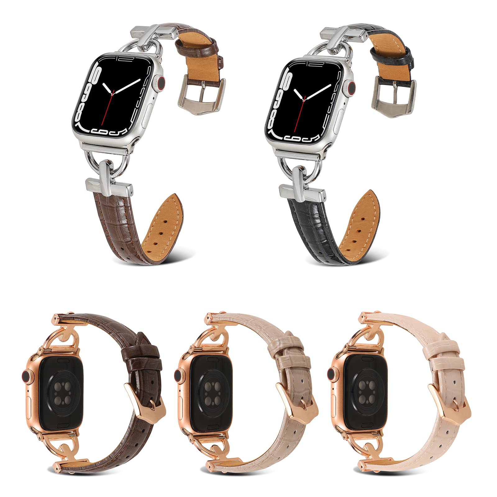 Premium Alligator Leather Watch Bands for Apple Watch 38mm-49mm - Compatible with Series 8/SE/7/6/5/4/3 - D-Shape Metal Buckle Women's Wristband Strap - Perfect for Workouts, Office & Casual Wear