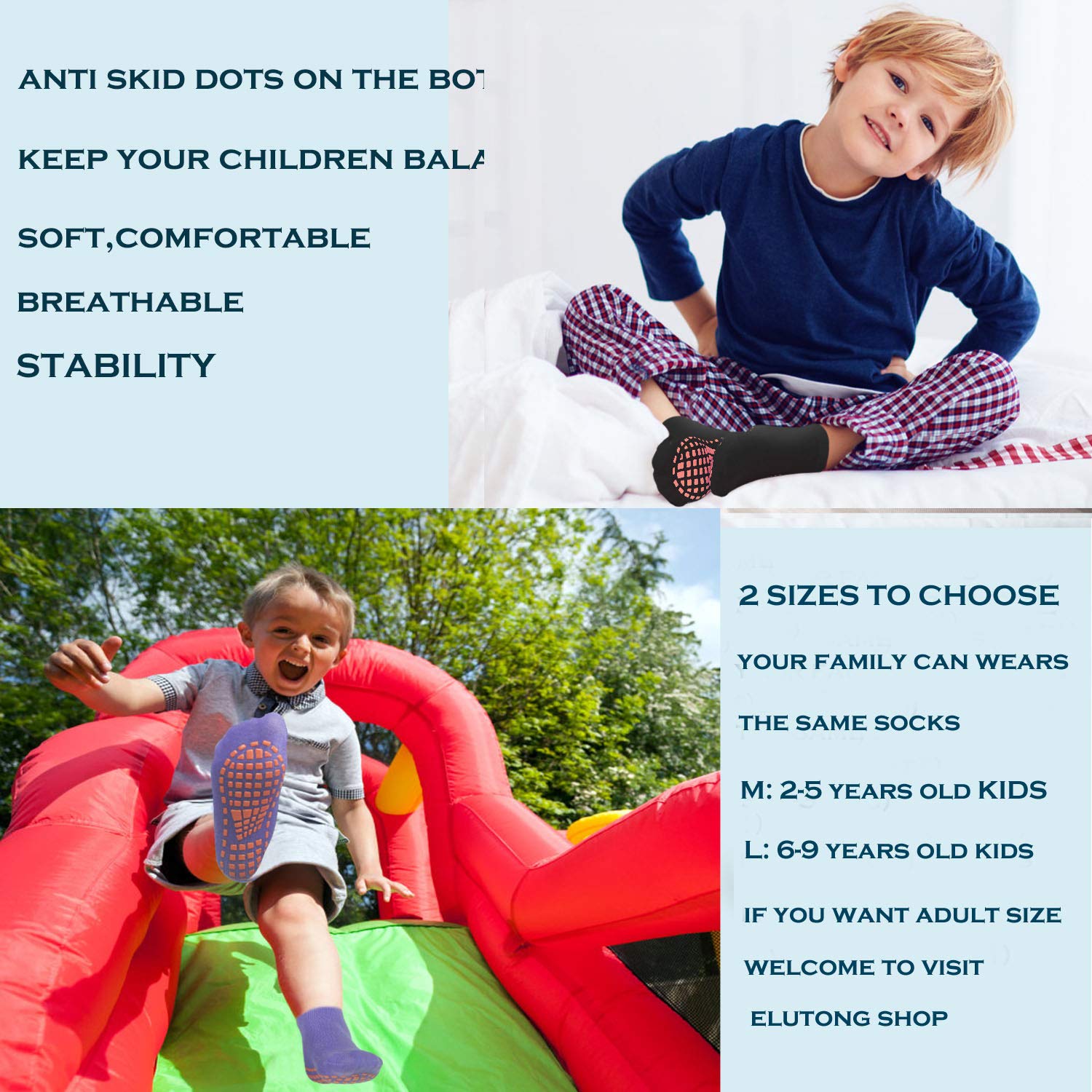ELUTONG Non-Slip Kids Socks for Trampoline & Play - Anti-Skid Children's Grip Socks for Toddlers to Teens - Perfect for Indoor Playgrounds, Gymnastics, and Home Use
