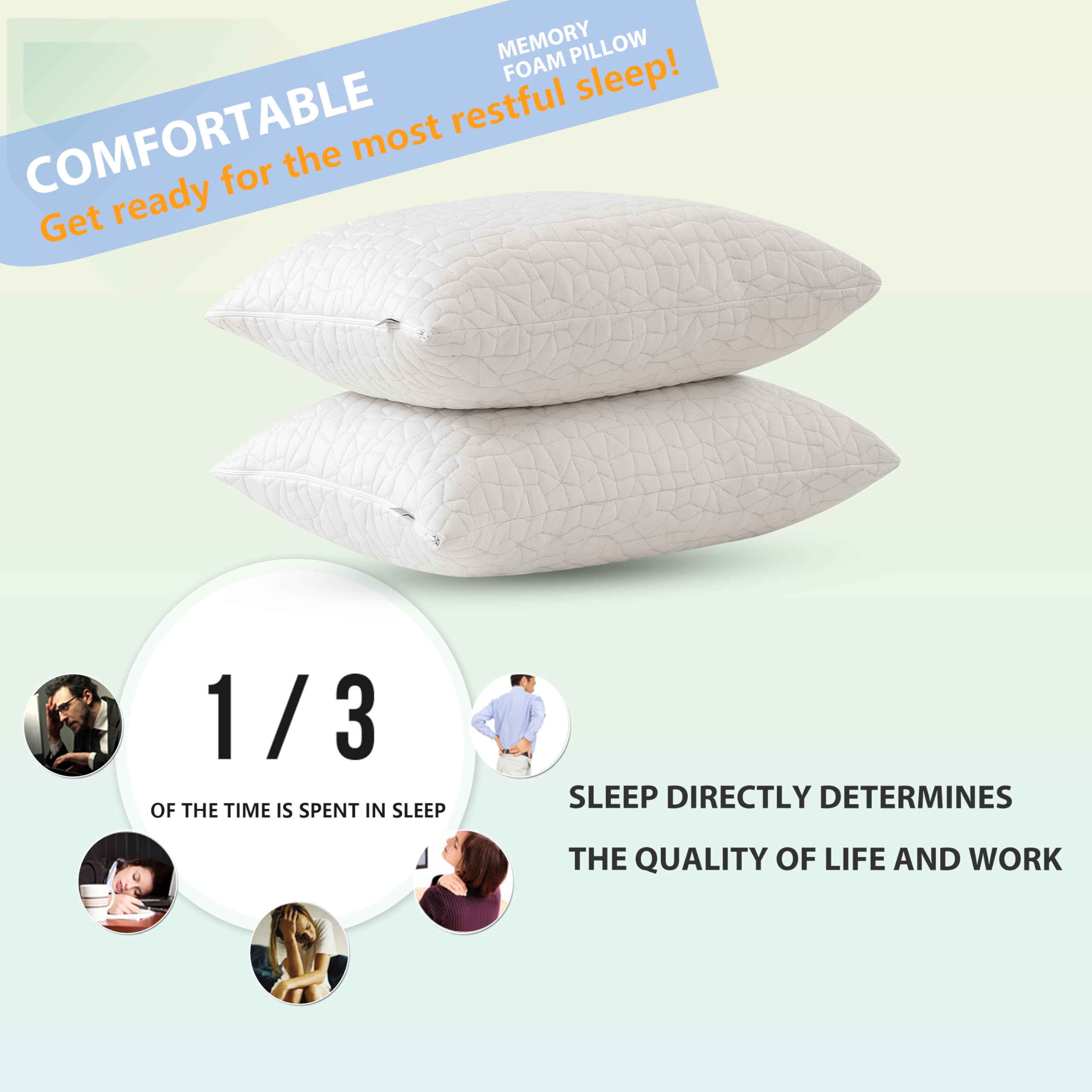 Shredded Memory Foam Pillows Queen Size Set of 2 - Adjustable Bed Pillows for Side, Back & Stomach Sleepers, Cooling Comfort Pillows with Washable Cover for Better Sleep - Perfect for Home, Office & Travel Use