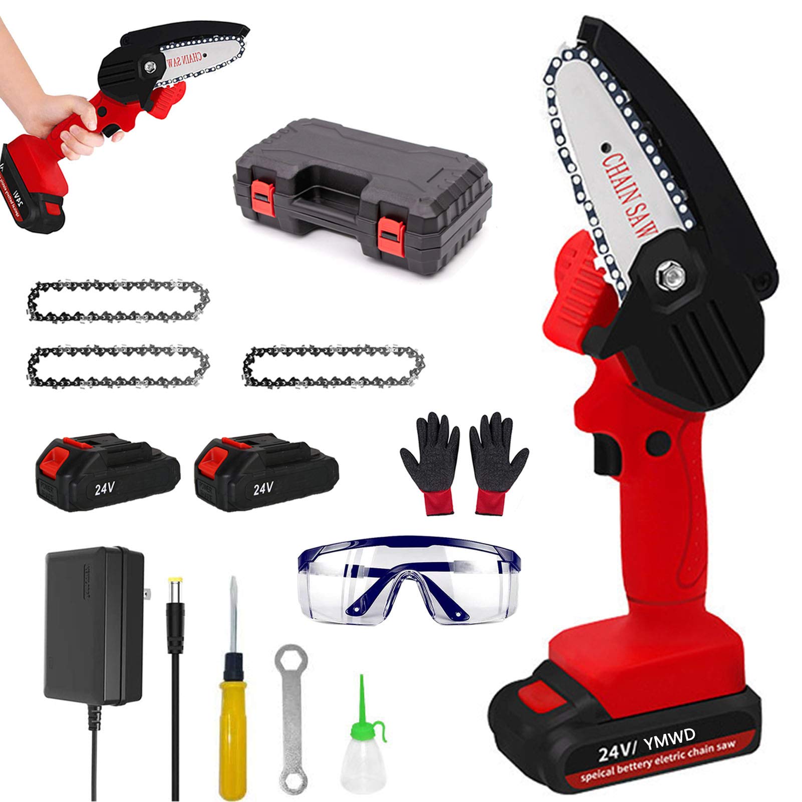 **YMWD Mini 4-Inch Cordless Electric Chainsaw - Lightweight 0.7kg Handheld Chainsaw with 3 Chains & Splash Board for Pruning, Tree Branch & Wood Cutting - Perfect for Courtyard, Garden & DIY Projects (Red + Box)**