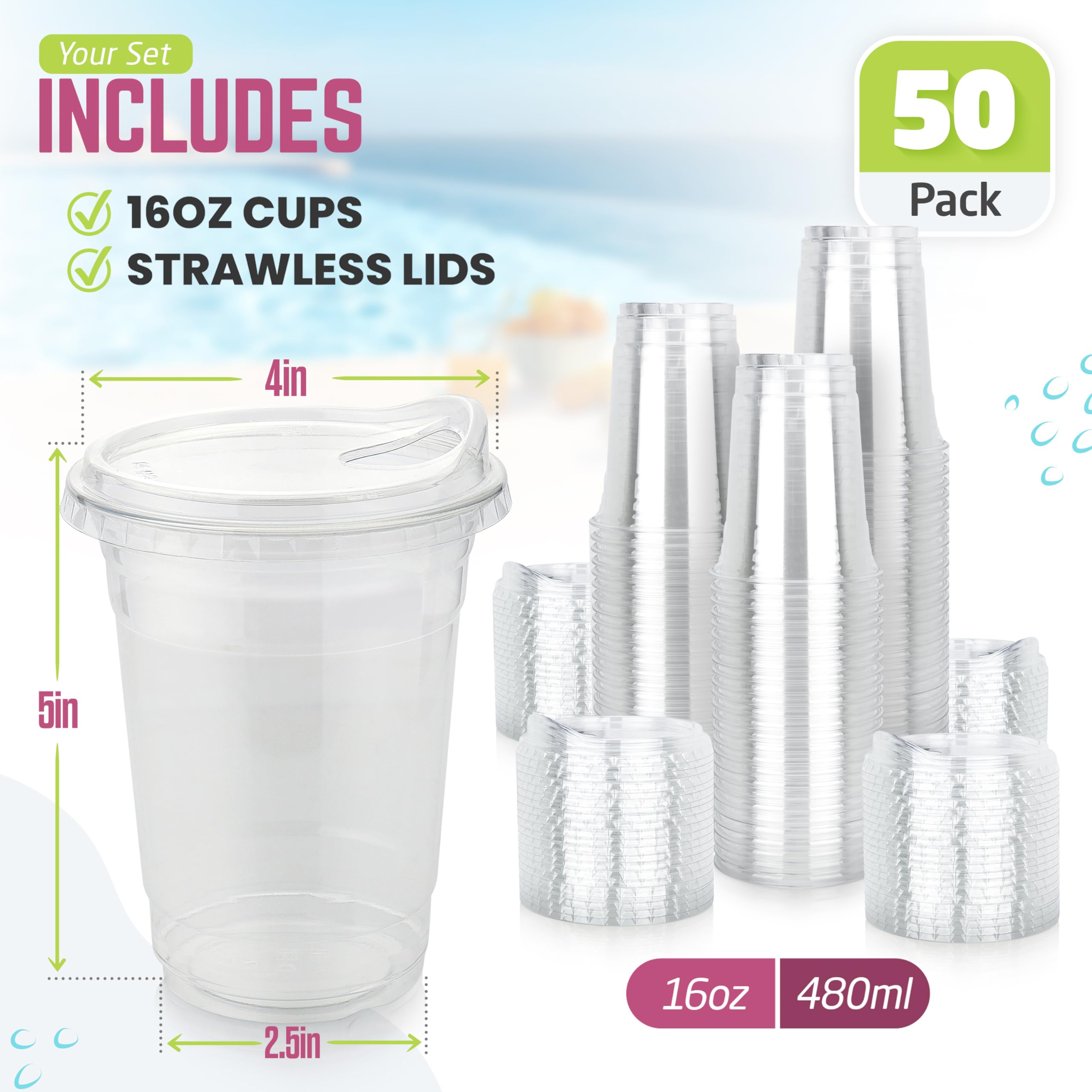 50 Pack 16oz Clear Plastic Coffee Cups with Lids - BPA Free Disposable Cups for Smoothies, Iced Coffee, Bubble Tea & Restaurant Use - Perfect for Parties, Cafes & Takeout Drinks