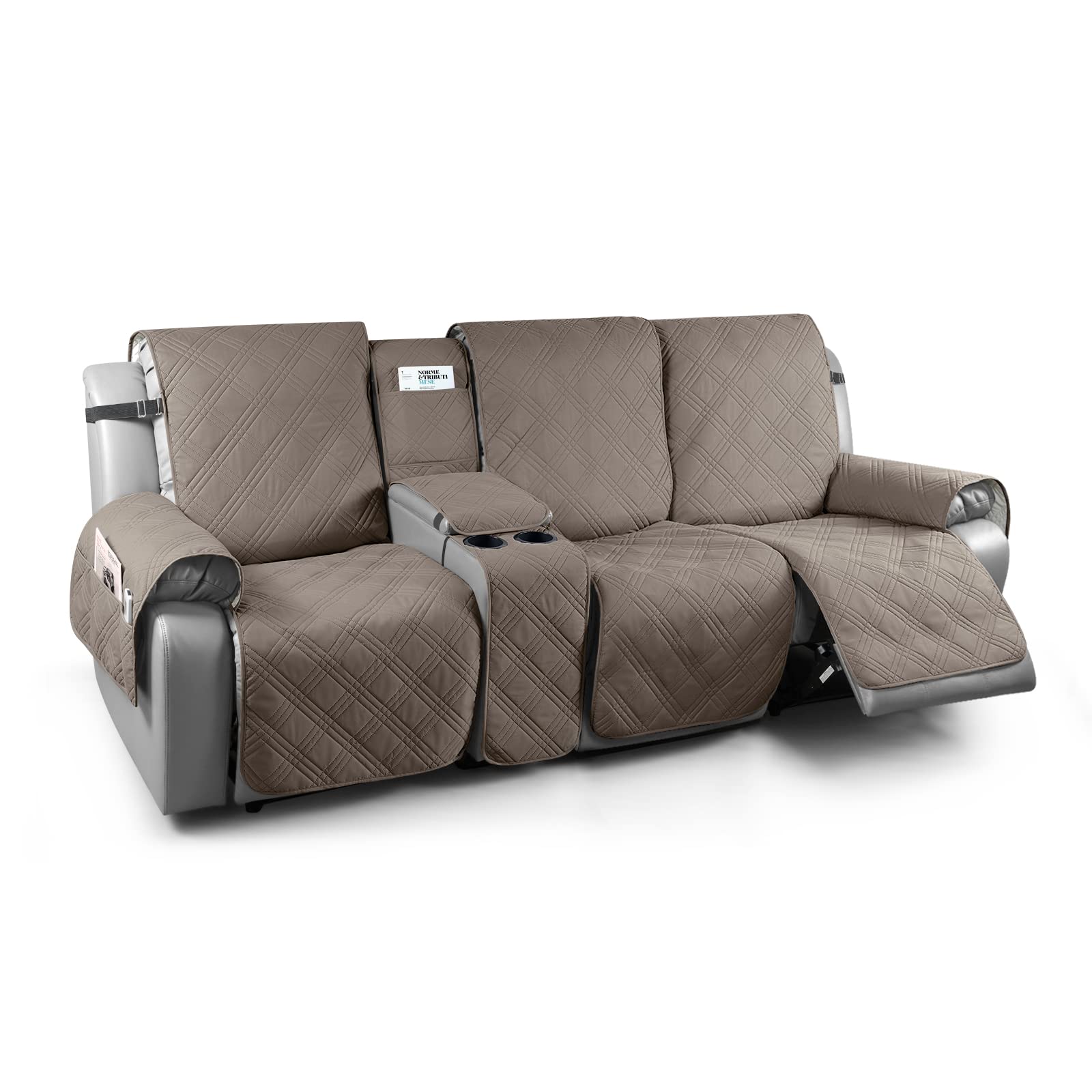 TAOCOCO 100% Waterproof Recliner Sofa Cover with Console - 3 Seater Stretchable Furniture Protector for Pets & Kids, Non-Slip Straps Design, Split Reclining Couch Cover (Taupe) - Perfect for Living Room, Home Theater & Family Gatherings