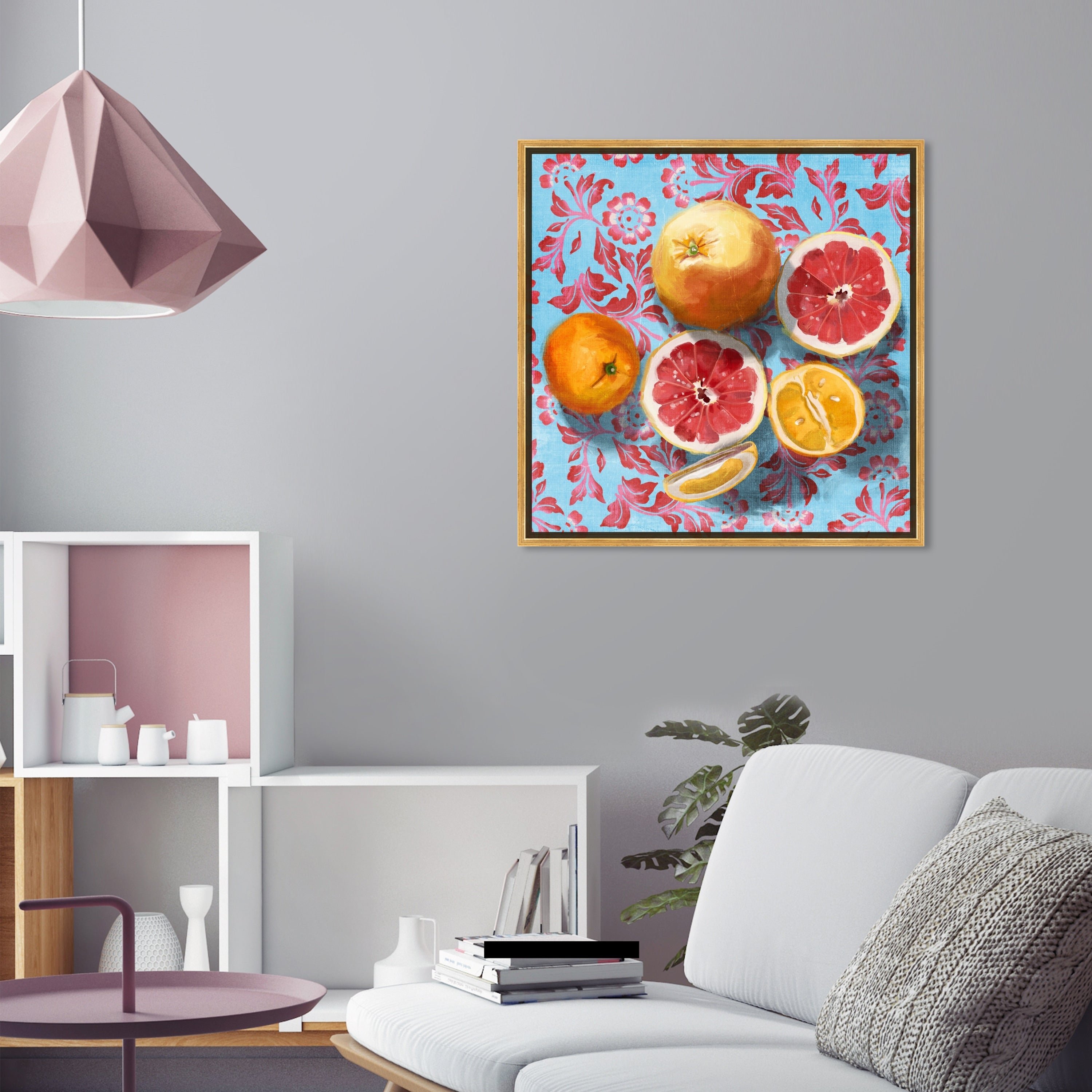 Tropical Citrus Still Life Blue Framed Canvas Wall Art Print - Kitchen Decor, Cabin & Lodge Decor - Perfect for Home, Office & Dining Room