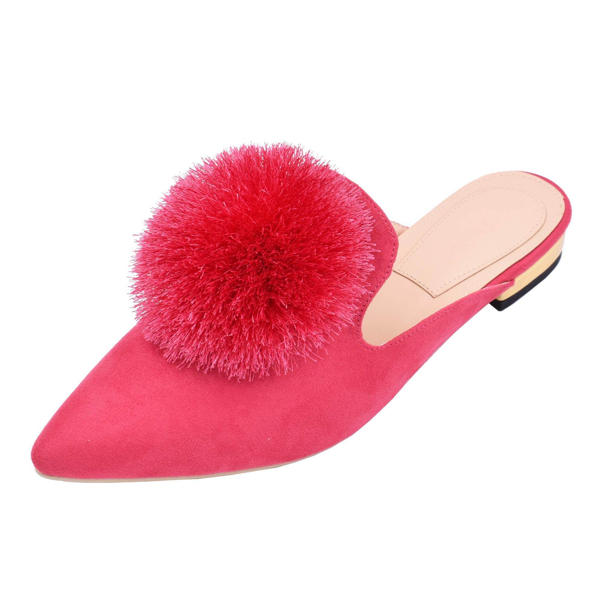 Fericzot Women's Slip On Mule Loafers - Backless Pointed Toe Flats with Puff Pompom Detail | Comfortable Casual Shoes & House Slippers for Women | Perfect for Home, Office, and Daily Wear