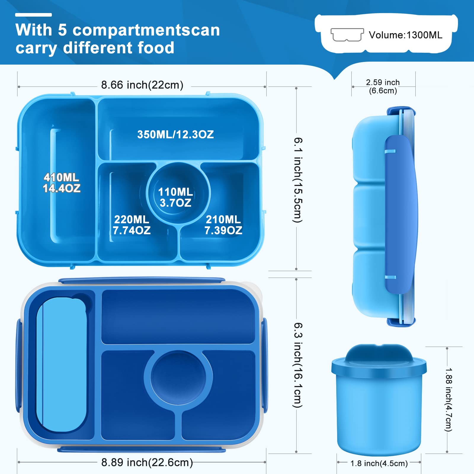 5-Compartment Bento Lunch Box for Adults & Kids - Microwave, Dishwasher & Freezer Safe - BPA-Free Leakproof Food Container with Sauce Cups - Ideal for School, Office, Picnics & Meal Prep (Blue)
