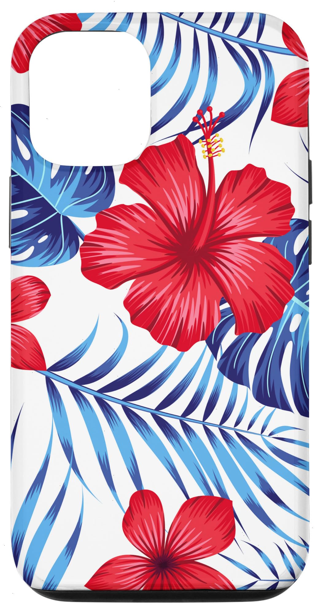 iPhone 12/12 Pro Case - Hawaiian Hibiscus Design in Red, Blue & White - Durable Protective Cover for 4th of July & Summer Vacations - Perfect for Beach Parties, Travel & Everyday Use