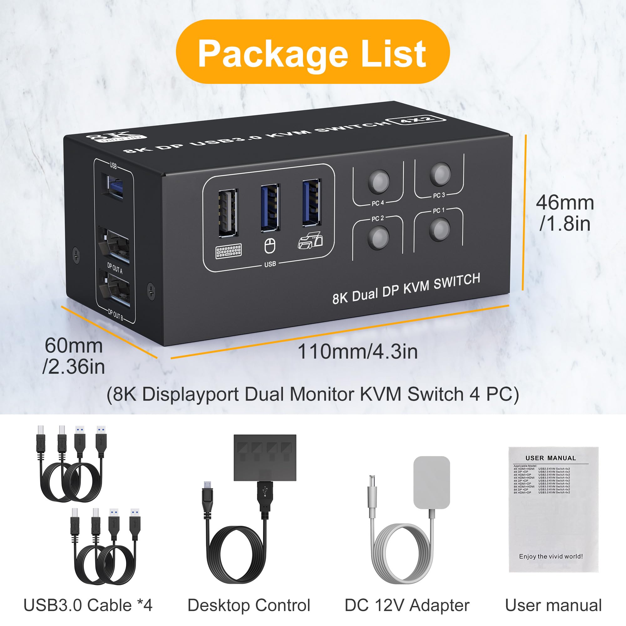 8K 60Hz 4K 120Hz Dual Monitor KVM Switch - 4 Port DisplayPort 1.4 with 3 USB 3.0 Ports | Connect 2 PCs/Laptops to Share Mouse, Keyboard & 4 USB Devices | Perfect for Home Office, Gaming, Streaming & Multi-Tasking Workstations | Boost Productivity & Gaming Performance