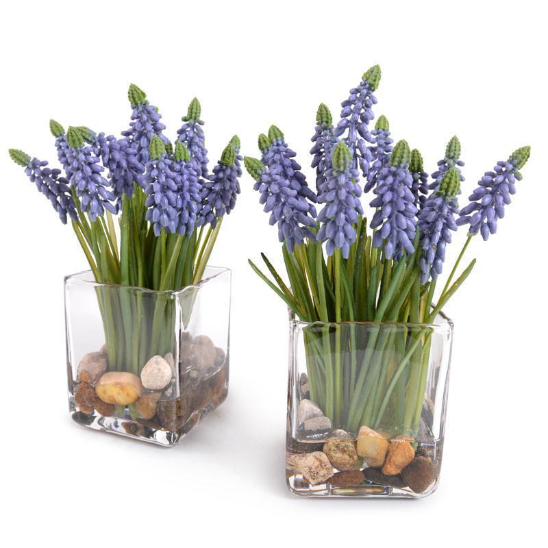 Artificial Grape Hyacinth Silk Flower Arrangement in Glass Cube Vase - Elegant Home Office Decor for Spring & Wedding Centerpieces
