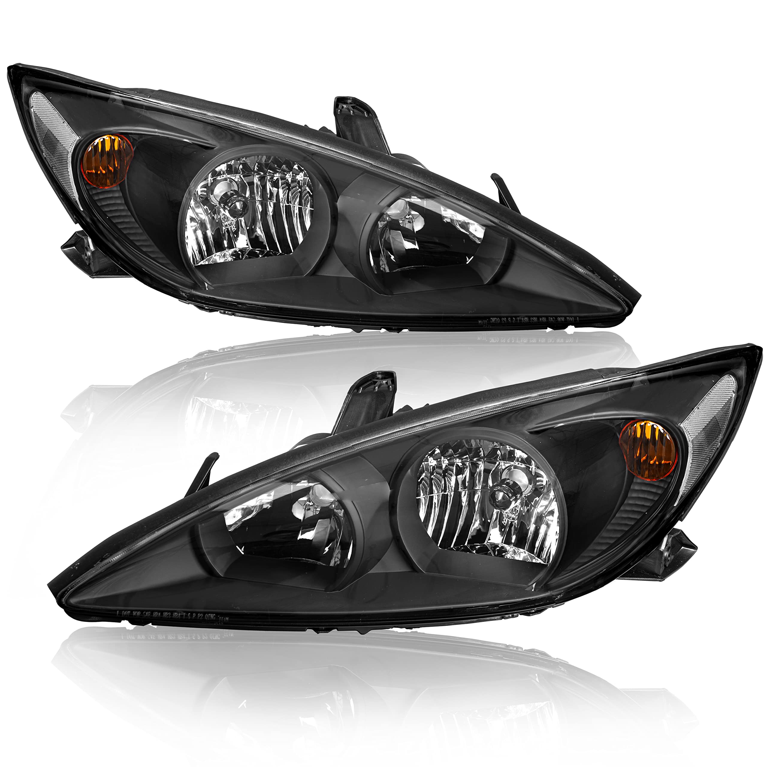 2002-2004 Toyota Camry Headlight Assembly Pair - Black Housing with Clear Reflector - Driver & Passenger Side Replacement - Perfect for Night Driving & Foggy Conditions