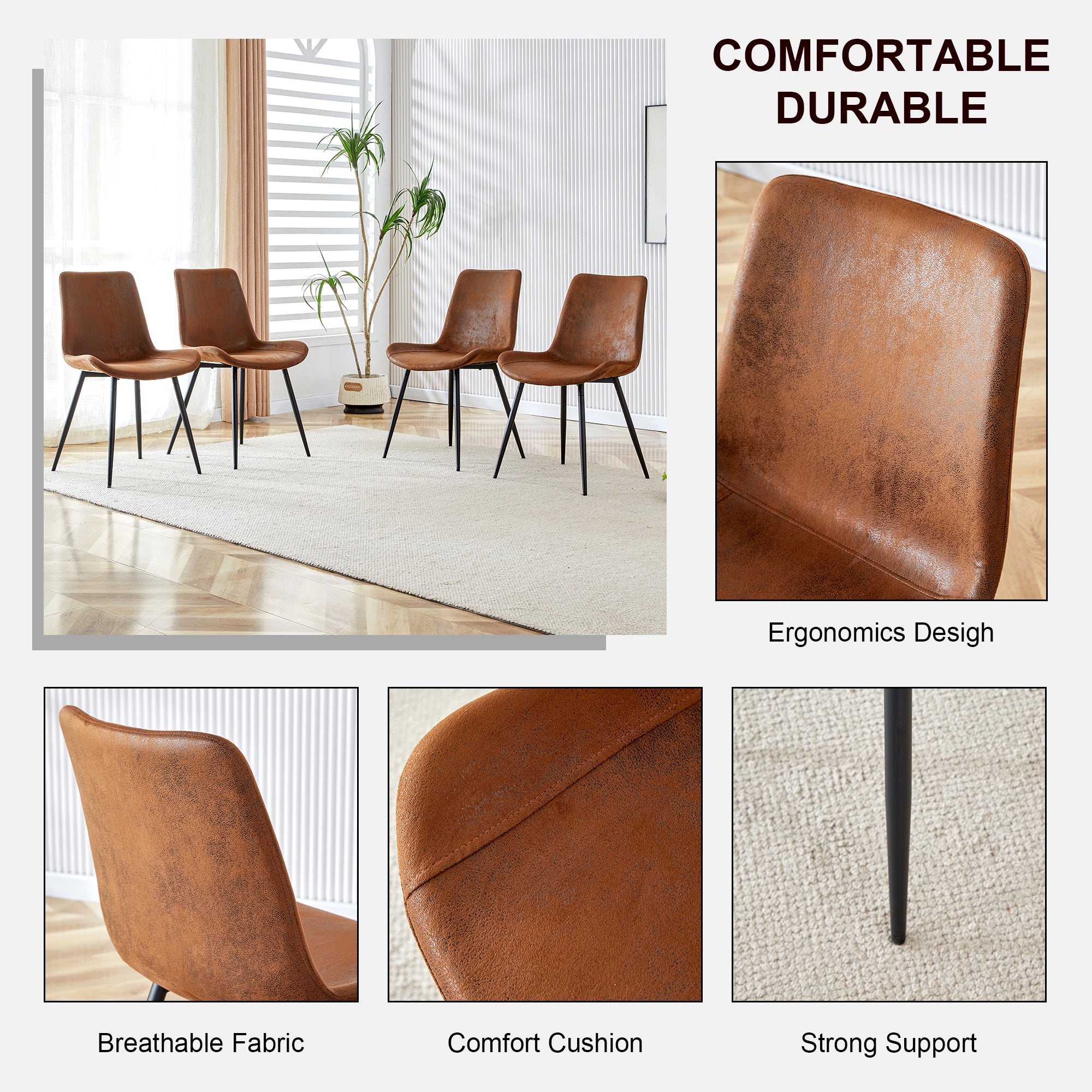 Premium Brown Suede Dining Chair with Black Metal Legs - Ergonomic Curved Cushion Design for Ultimate Comfort - Perfect for Restaurants, Kitchens, Bedrooms & Offices - Set of 6 Modern Chairs for Home and Commercial Use