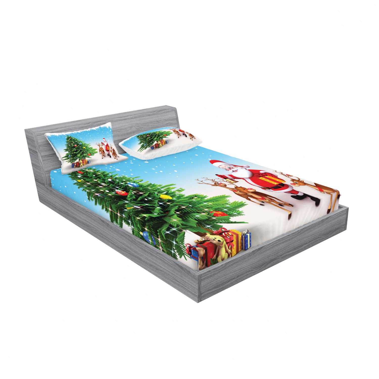 Ambesonne Santa 2-Pack King Size Fitted Sheet Set with 4 Pillow Shams - Jingle Bells Christmas Tree Design Holiday Bedding Collection | Perfect for Christmas Decor, Guest Rooms & Festive Home Styling
