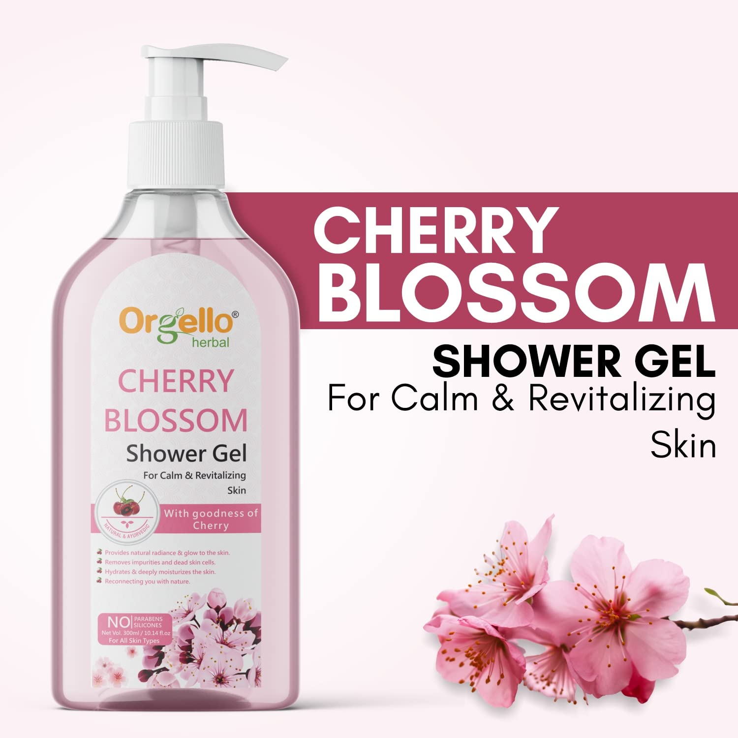 Orgello Cherry Blossom Shower Gel for All Skin Types - Hydrating & Moisturizing Body Wash, Paraben & Silicone Free, 300ml - Perfect for Daily Shower & Spa Relaxation at Home