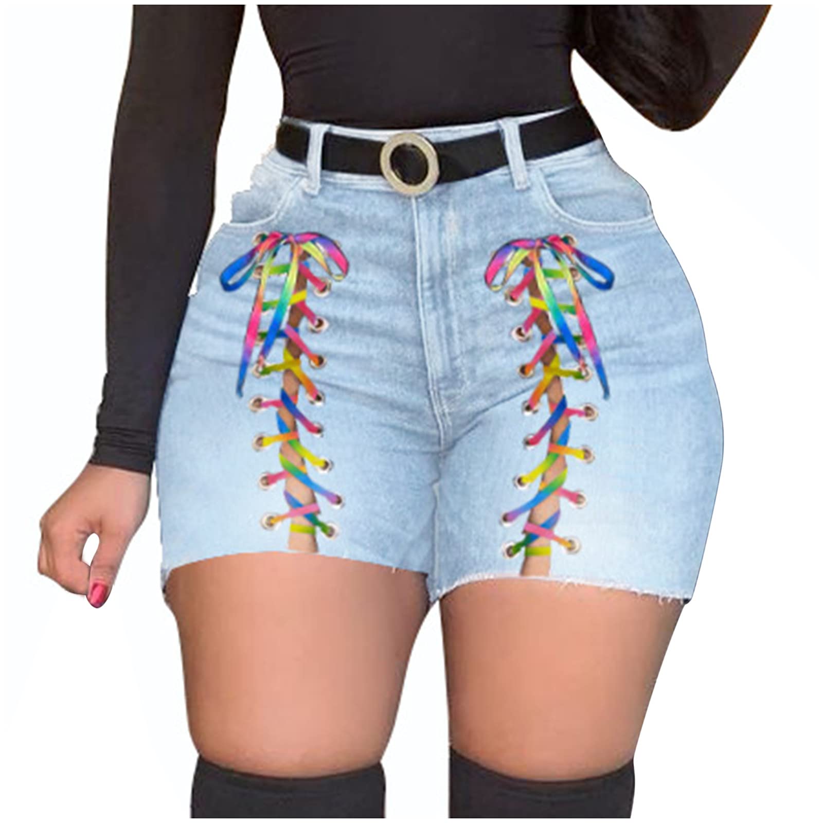 Trendy Women's Slim Fit Bandage Denim Shorts for Winter & Fall 2022 - High Waisted Stretchy Jeans Shorts for Casual Outfits, Parties & Night Out