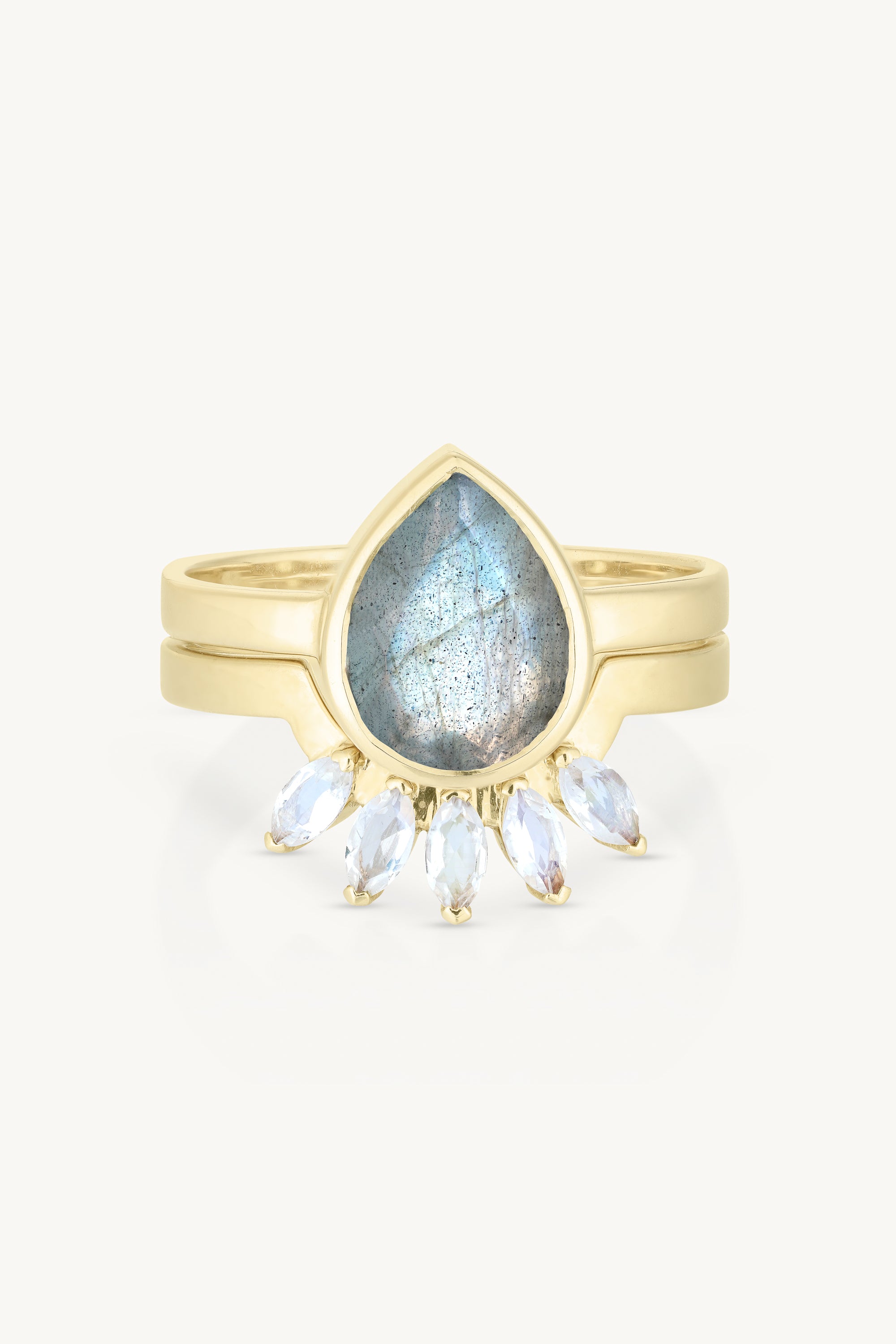 9K Yellow Gold Double Stack Labradorite Halo Ring for Women - Elegant Statement Jewelry for Parties, Weddings & Special Occasions