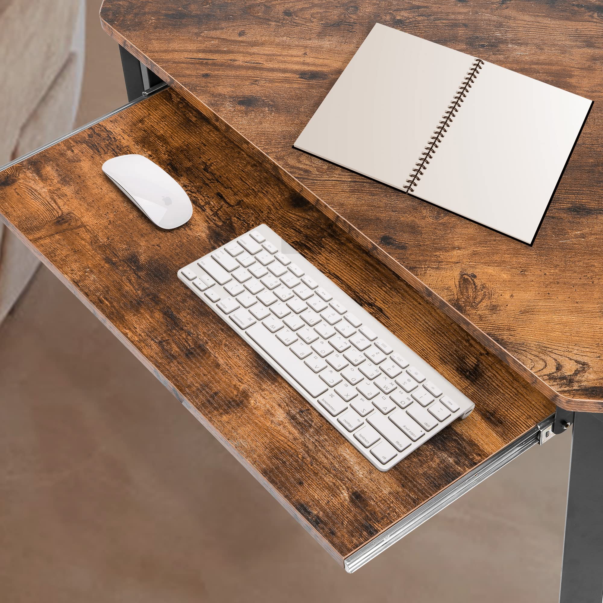 LUCKYERMORE Small Space Corner Desk - Heavy Duty Steel Frame Triangle Computer Desk with Keyboard Tray & Storage Shelves, Rustic Brown - Perfect for Home Office, Gaming, and Study Rooms