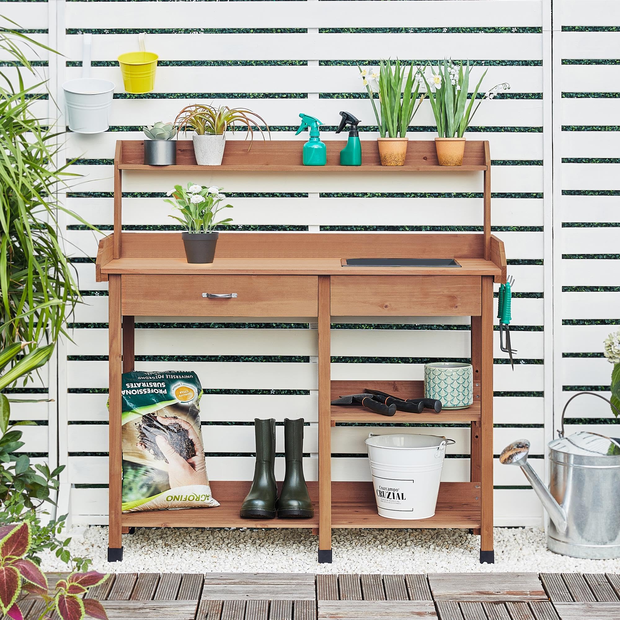 Topeakmart 45.2x17.7x47.6 Inch Outdoor Garden Potting Bench with Removable Sink, Drawer & Shelves - Sturdy Wooden Work Table for Planting, Gardening & DIY Projects - Perfect for Backyard, Patio & Greenhouse Use