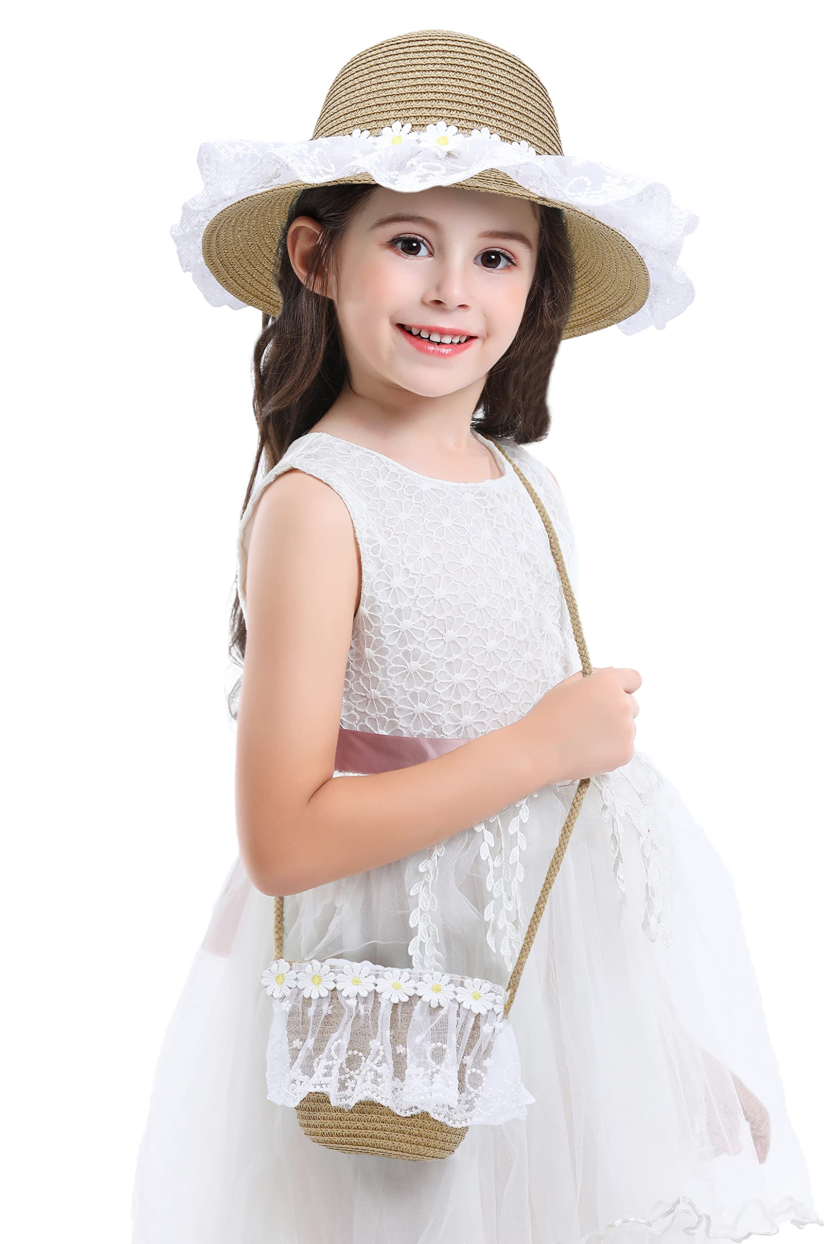 Bienvenu Girls Sun Hats for Kids - Wide Brim Straw Beach Hat with Carry Bag Set - Perfect for Summer Outdoors, Beach Vacations & Pool Parties