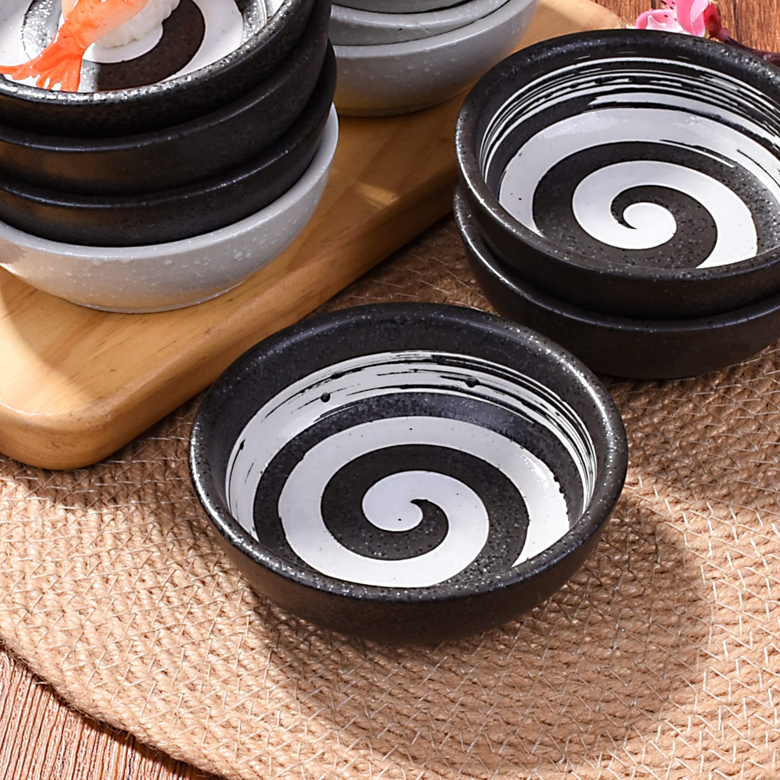 Premium Japanese Porcelain Side Dish Bowls - 3.7 Inch Ceramic Dipping Sauce Bowls Set of 6 (Black) - Perfect for Sushi, Appetizers, Seasoning, and Party Serving - Elegant Small Dishes for Soy Sauce, Wasabi, and Condiments