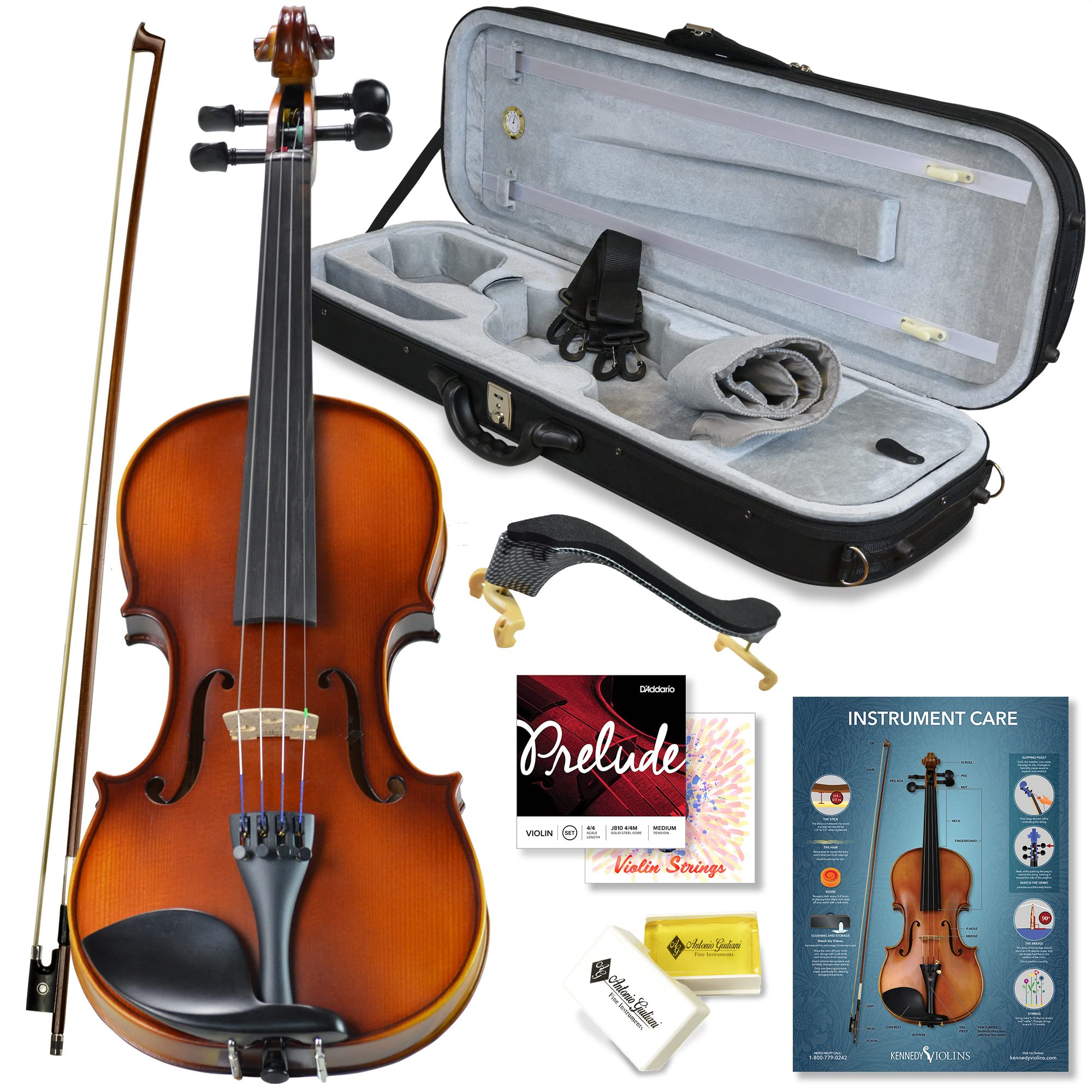 Kennedy Violins Bunnel Pupil 3/4 Size Violin Outfit with Carrying Case - Solid Maple Wood & Ebony Fittings RB300 - Perfect for Student Practice, School Orchestra & Music Lessons
