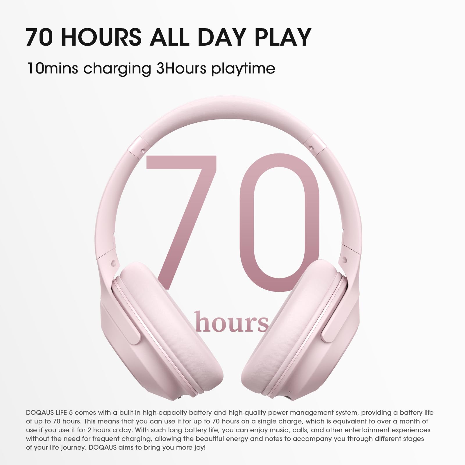 DOQAUS Wireless Bluetooth Headphones with Microphone - 70 Hours Playtime, Hi-Fi Stereo Sound, 3 EQ Modes, Foldable Design for iPhone, Android, PC - Perfect for Travel, Office, Gym & Home Use (Pink)