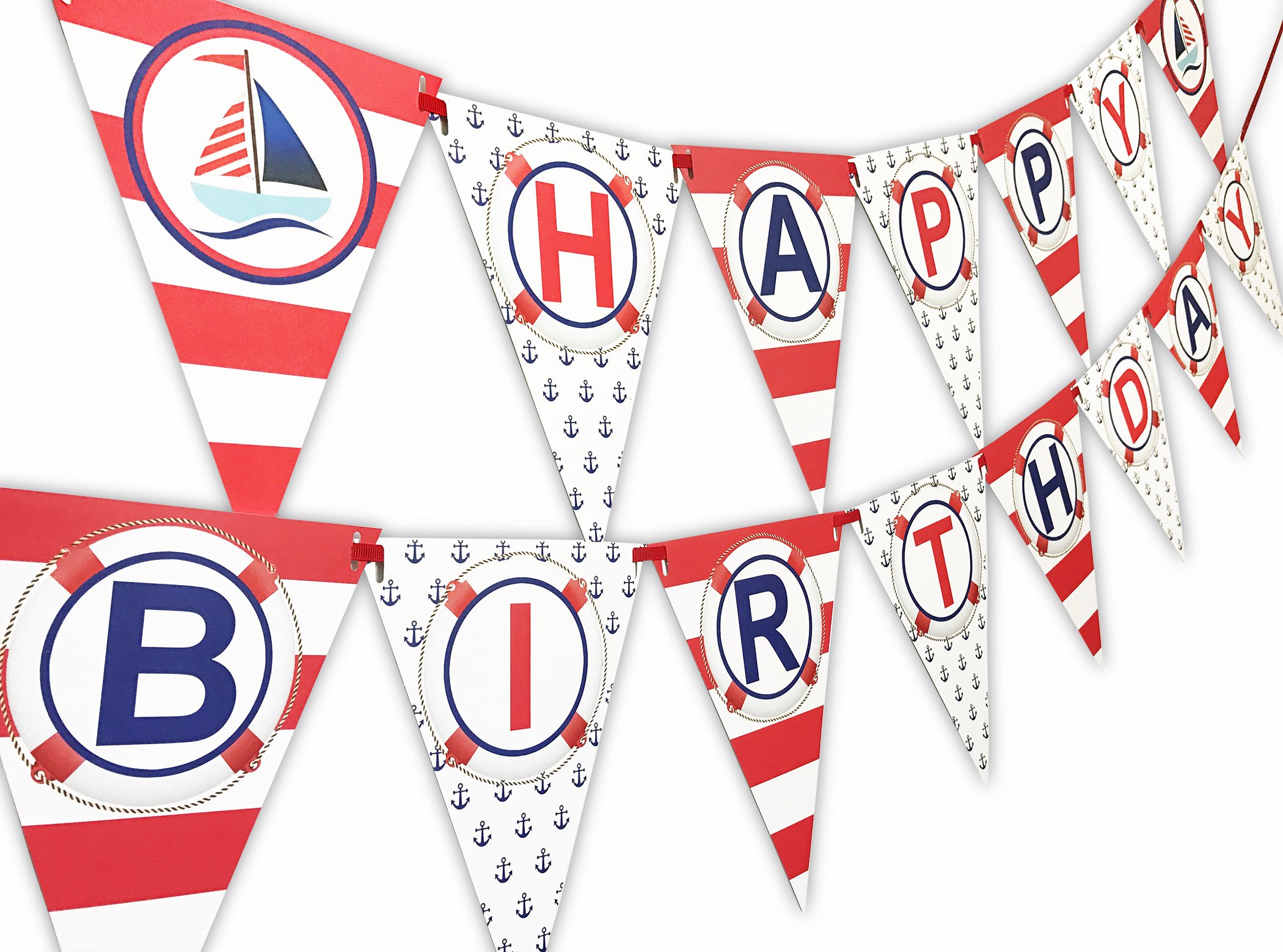 Nautical Red Happy Birthday Banner Pennant | Sailboat Themed Party Decor | USA Made | Perfect for Beach Parties & Nautical Birthday Celebrations