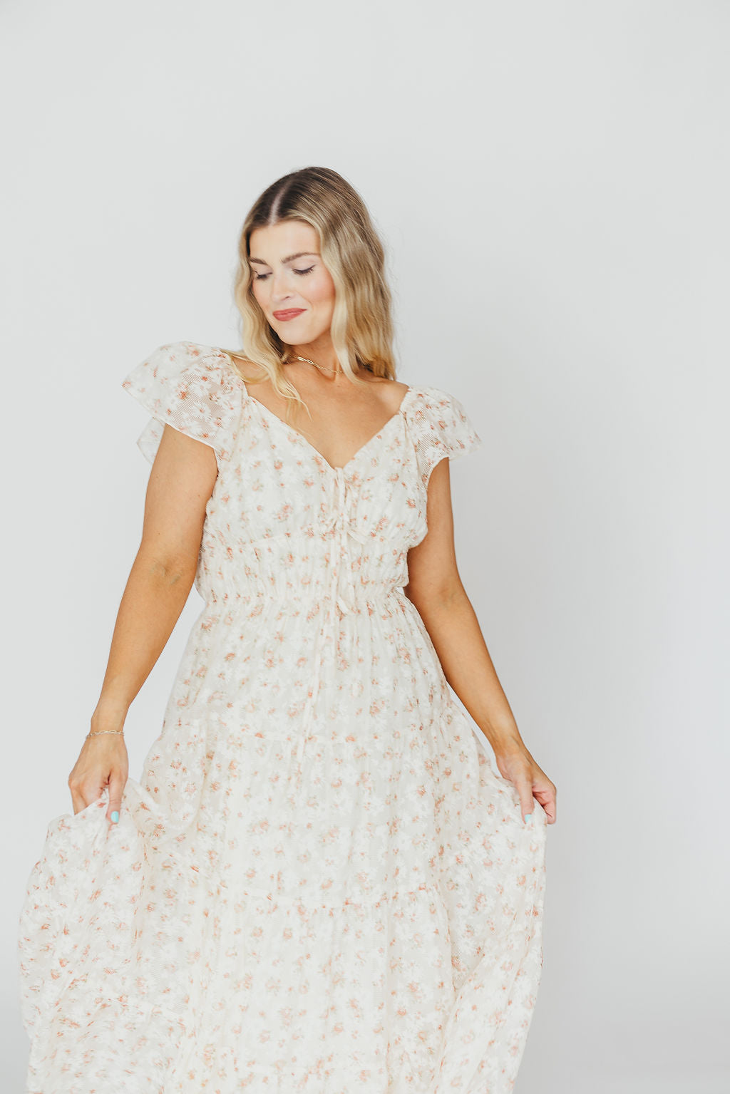 Elegant Floral & Gingham Ruffled Maxi Dress for Women - Cream Peach Summer Dress, Boho Chic Beach Wedding Guest Outfit, Perfect for Vacations & Outdoor Parties