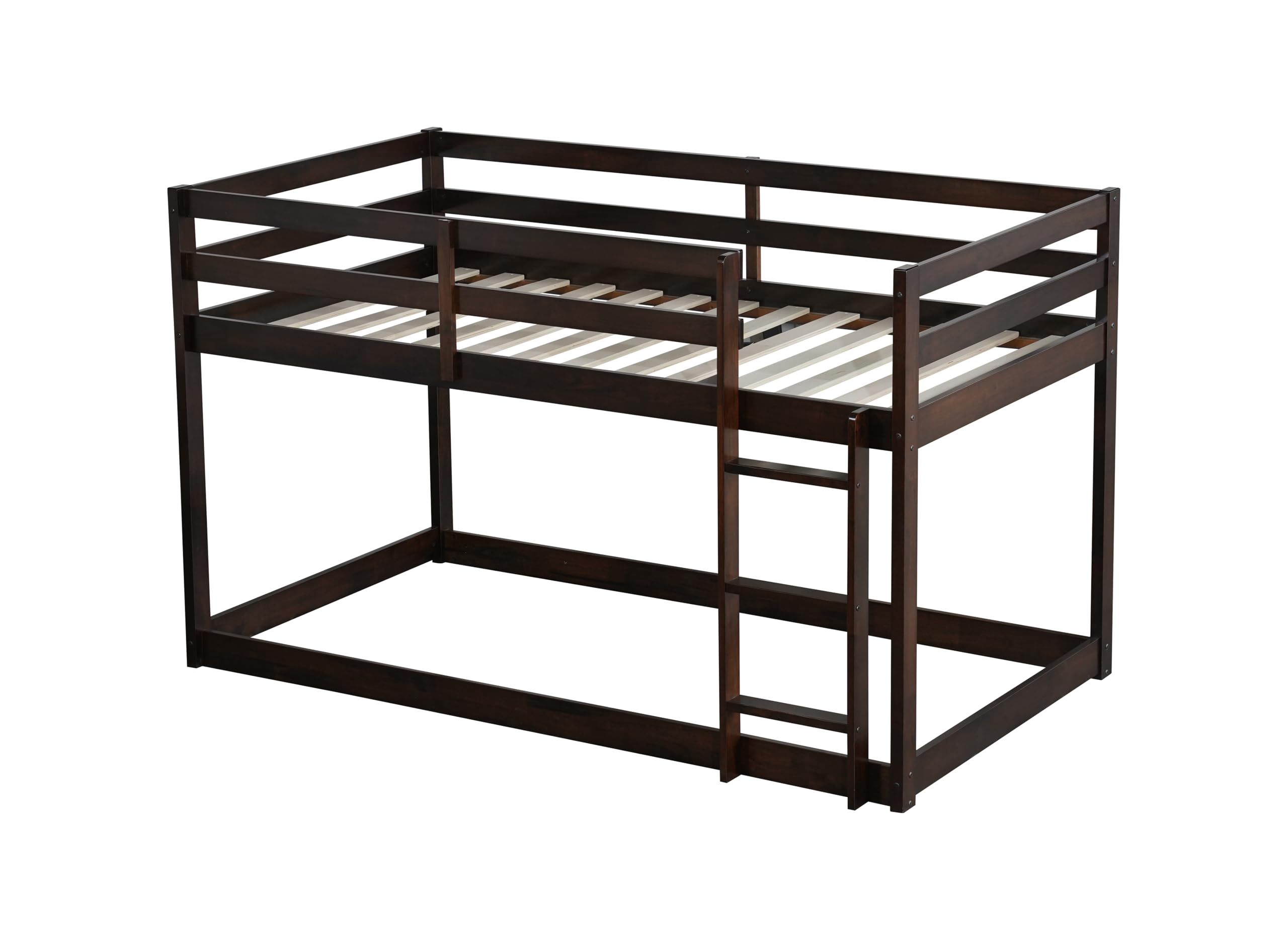 **Twin Over Twin Low Bunk Bed Frame - Wooden Junior Loft Bed for Kids, Boys, Girls & Teens with Safety Rails - Espresso Finish - Perfect for Small Bedrooms, Dorms & Shared Kids' Rooms**