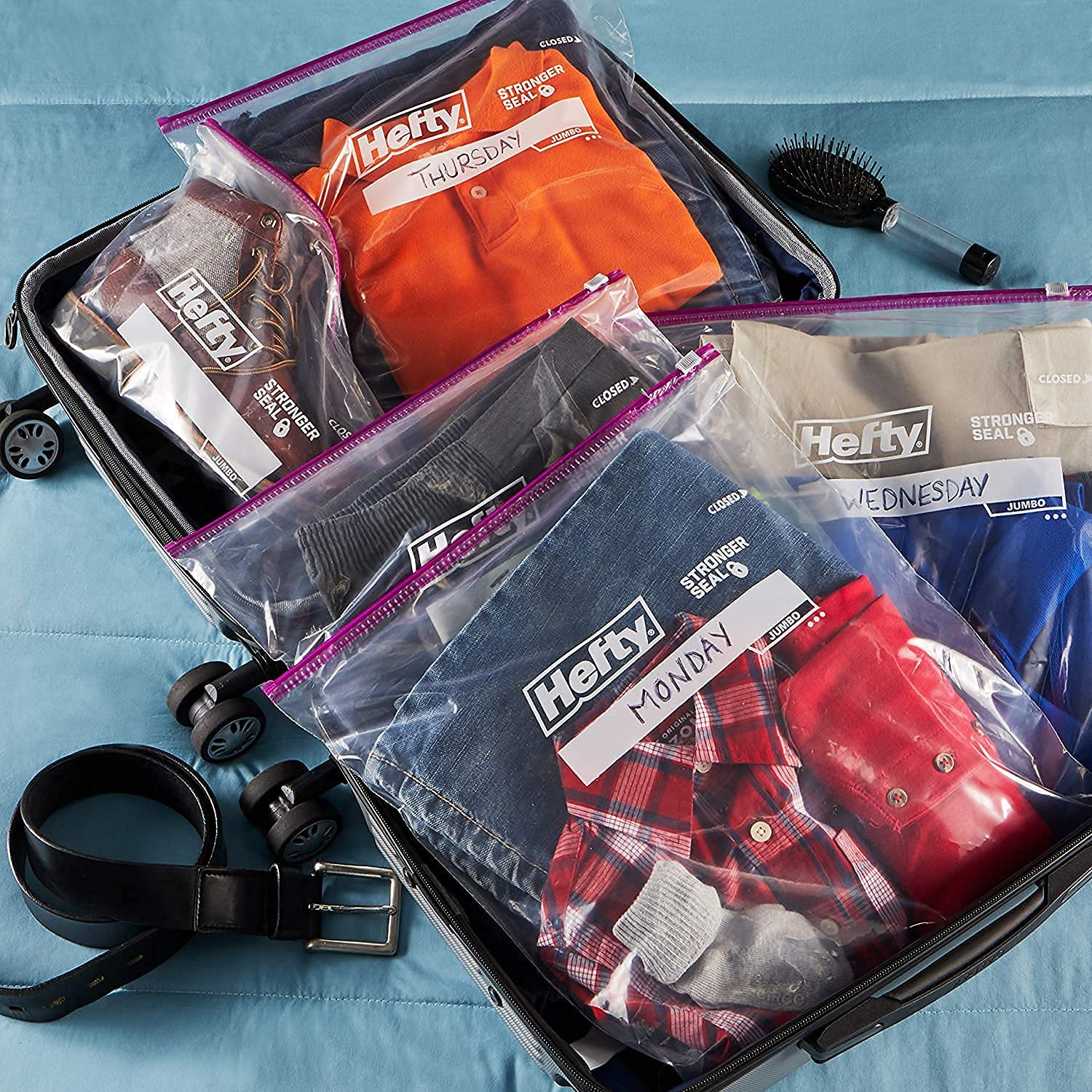 Hefty Jumbo Slider Bags 15 Count - Reusable 2.5 Gallon Plastic Storage Bags with Slide Zip Closure | Clear & Purple | Leak Proof Food Storage | Ideal for Meal Prep, Freezer Storage & Organizing Household Items