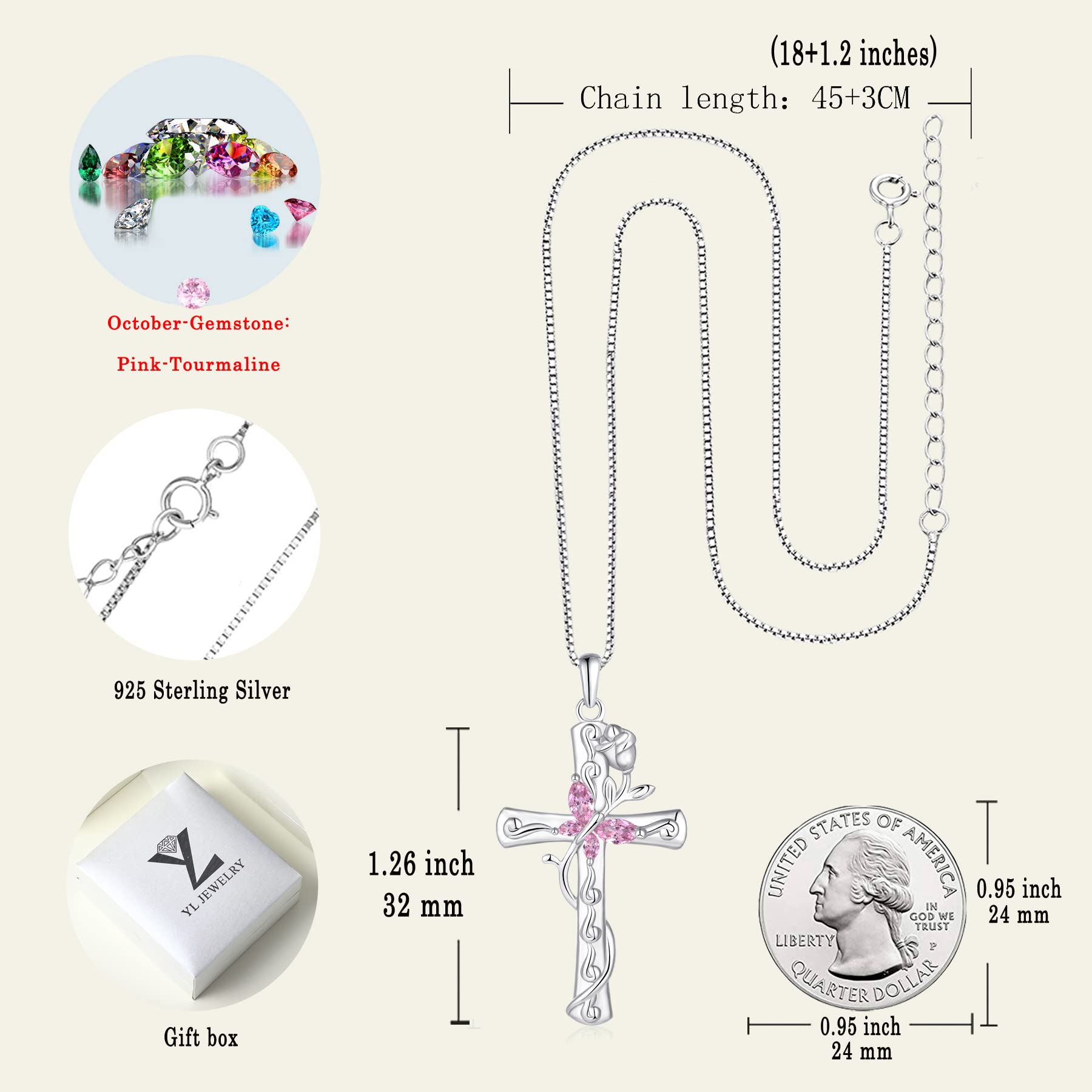 YL Butterfly Cross Necklace - Sterling Silver Rose Flower Pendant with Birthstone, Elegant Jewelry Gift for Women, Perfect for Valentine's Day, Anniversary & Special Occasions