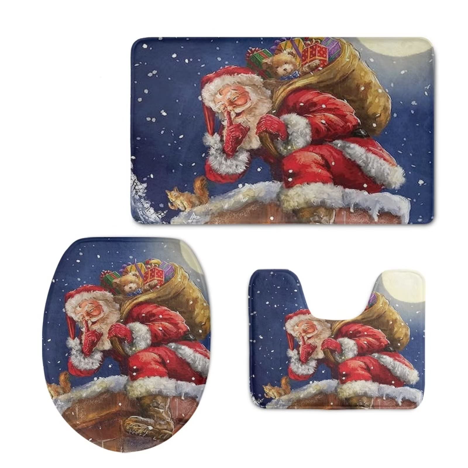 Xmas Santa Claus Toilet Cover Set - 3 Piece Bathroom Rug Combo (Bath Mat, Pedestal Rug & Toilet Seat Cover) for Home & Hotel Decor | Holiday Bathroom Accessories | Christmas Home Decoration