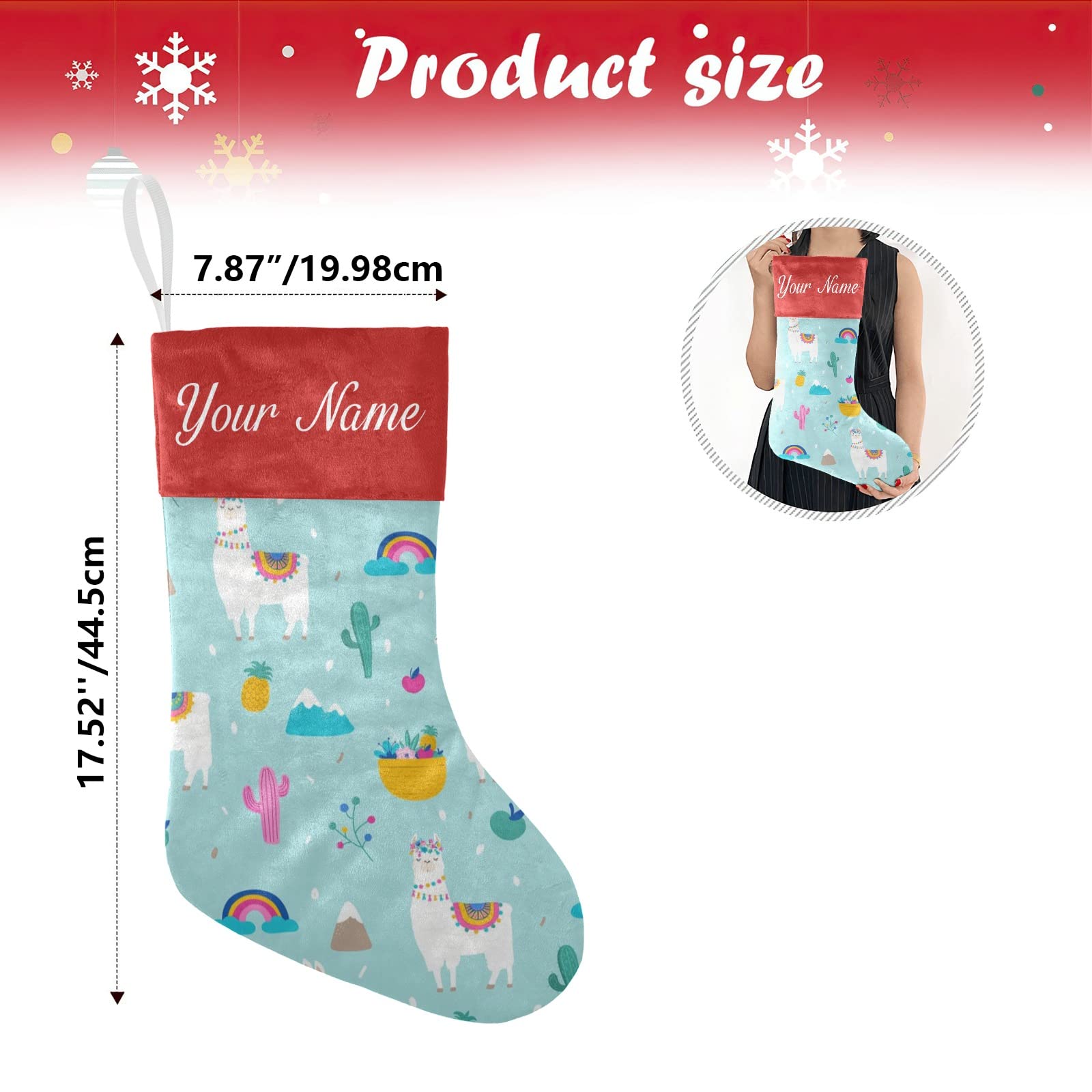 Custom Personalized Llama Alpaca Christmas Stockings with Cactus Leaves Design - 17.52 x 7.87 Inch Holiday Decor for Family Party, Gift Exchange & Fireplace Mantel Decoration