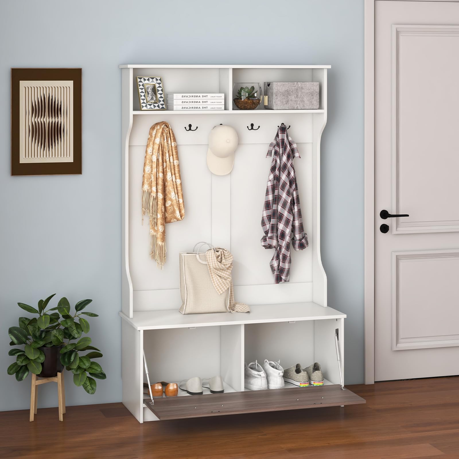 **Tangkula Hall Tree with Coat Rack & Storage Bench - 5 Double Hooks, Freestanding Entryway Organizer for Home, Bedroom, Mudroom - White | Perfect for Small Spaces, Entryway Storage & Shoe Organization**