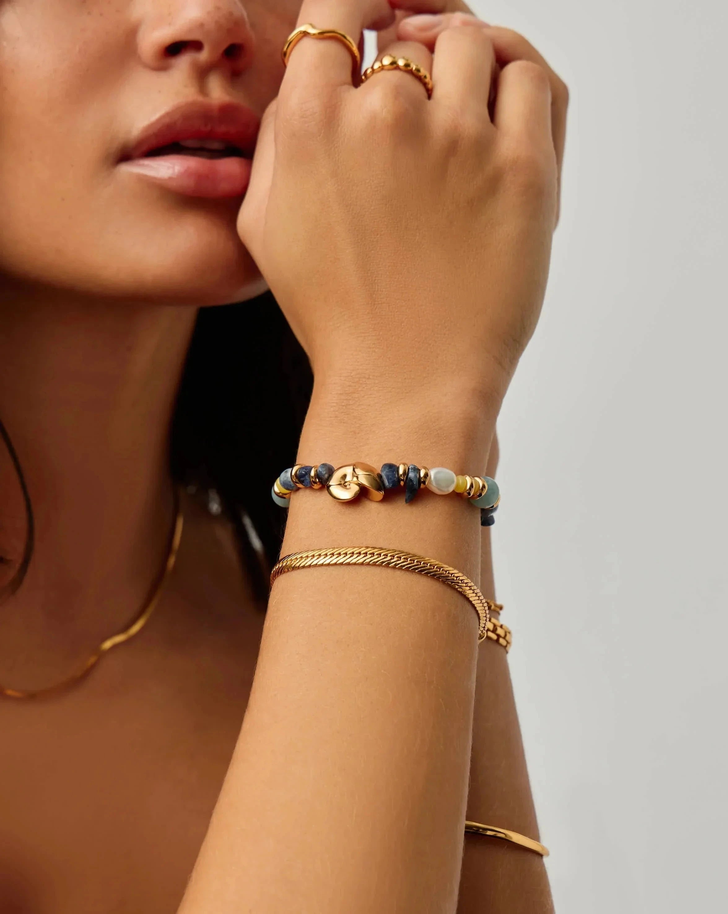 Shell Statement Multi Beaded Bracelet - 18k Gold Plated with Genuine Gemstones | Elegant Stackable Jewelry for Women, Perfect for Beach Weddings & Boho Fashion