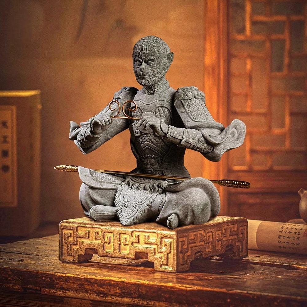 Black Myth: Wukong Sandstone Tea Pet Ornament - Handcrafted Chinese Zen Decor for Tea Ceremony, Office Desk & Meditation Space