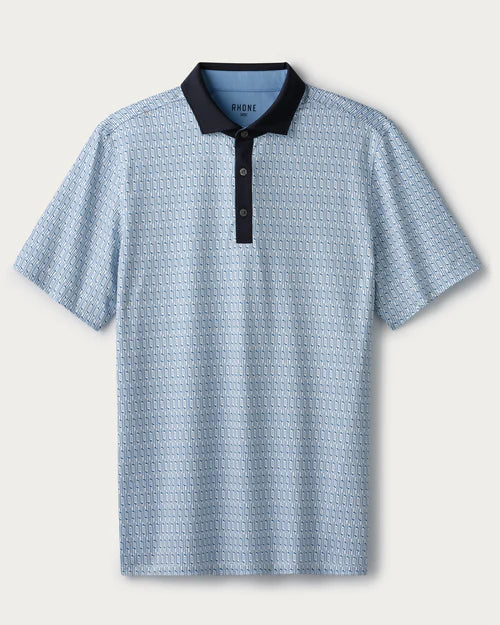 Rhone Men's Golf Sport Spread Collar Polo Shirt - Blue Stone/White Club Print - Moisture-Wicking Performance Shirt for Golf, Tennis & Casual Wear