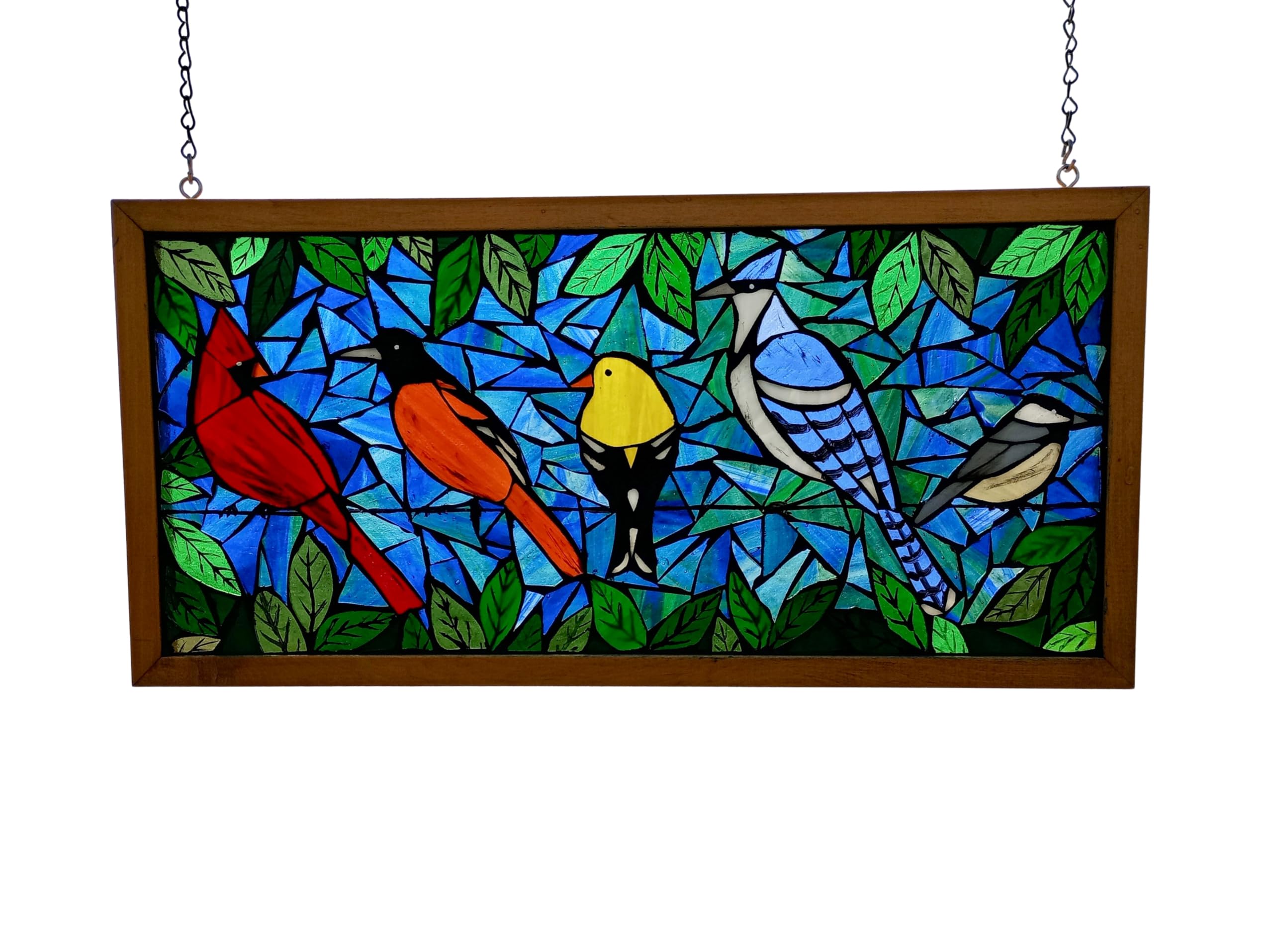 Handmade Stained Glass Mosaic Panel - Birds on Wire Design - Perfect for Window Decor, Wall Art & Home Décor